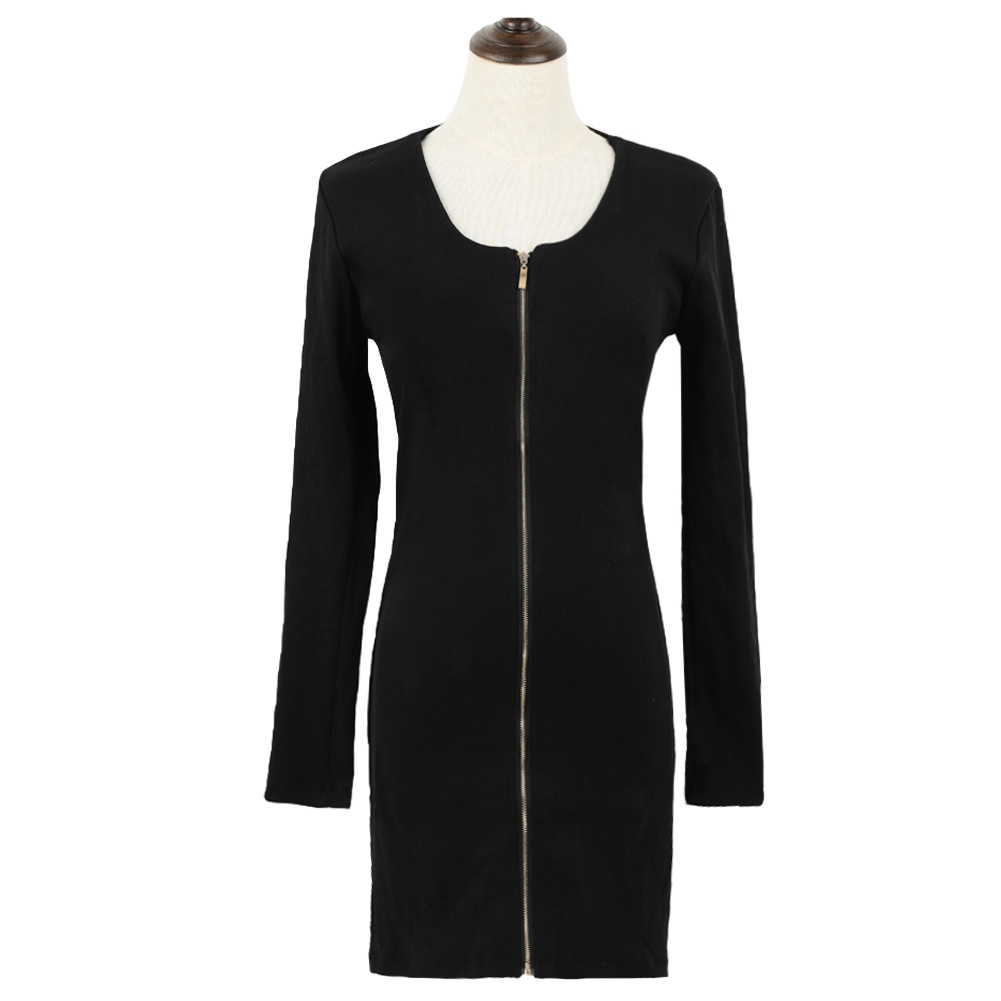 unknown Sexy Women Mini Jersey Dress Front Zipper Long Sleeve Round Neck Stretchy Bodycon Knit Dress Black