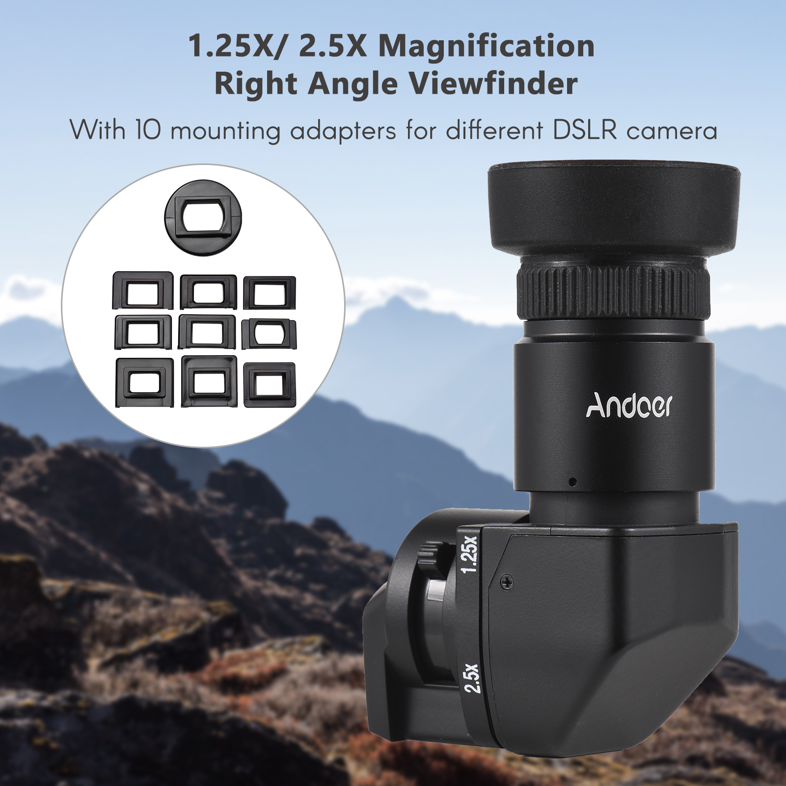 Andoer Camera Viewfinder 1.25X/ 2.5X Magnification Right Angle Viewfinder with 10 Mounting Adapters Replacement for Canon Nikon Pentax Olympus Leica Fujifilm DSLR Camera