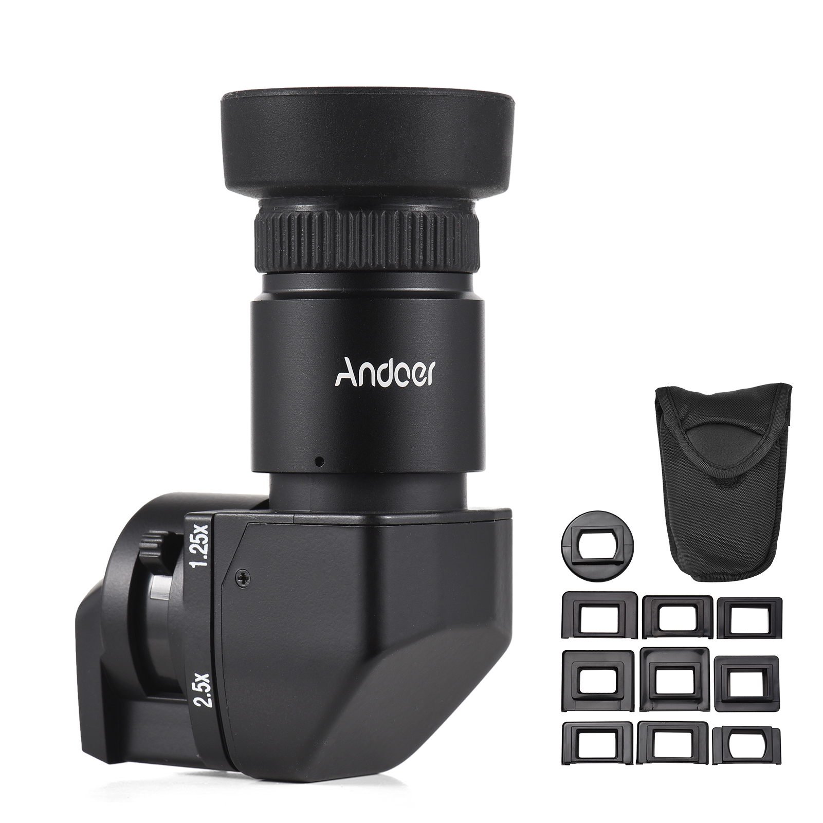 Andoer Camera Viewfinder 1.25X/ 2.5X Magnification Right Angle Viewfinder with 10 Mounting Adapters Replacement for Canon Nikon Pentax Olympus Leica Fujifilm DSLR Camera