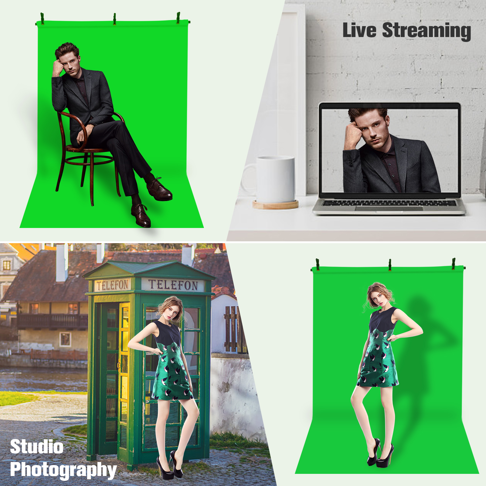 1.5 * 2m/ 5 * 7ft Green Backdrop Screen  Chromakey Background Photography Kit with Adjustable T-Shaped Background Stand 3pcs Backdrop Clamps