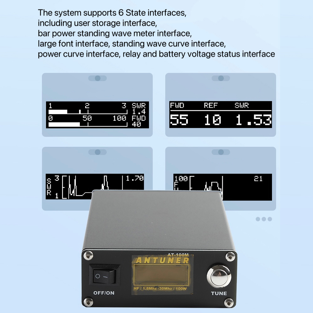 ANTUNER Omnipotent 1.8MHz-30MHz 100W Antenna Tuner Built-in Standing Waves Meter Power Meter For HF Radio USDX G1M FT-818 817 IC-705