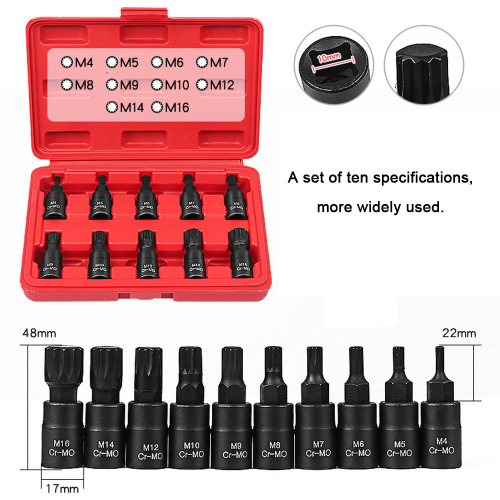 10Pcs Universal 3/8 Square Drive Socket Set M4-M16 Socket Kit Chromium Molybdenum Steel Socket