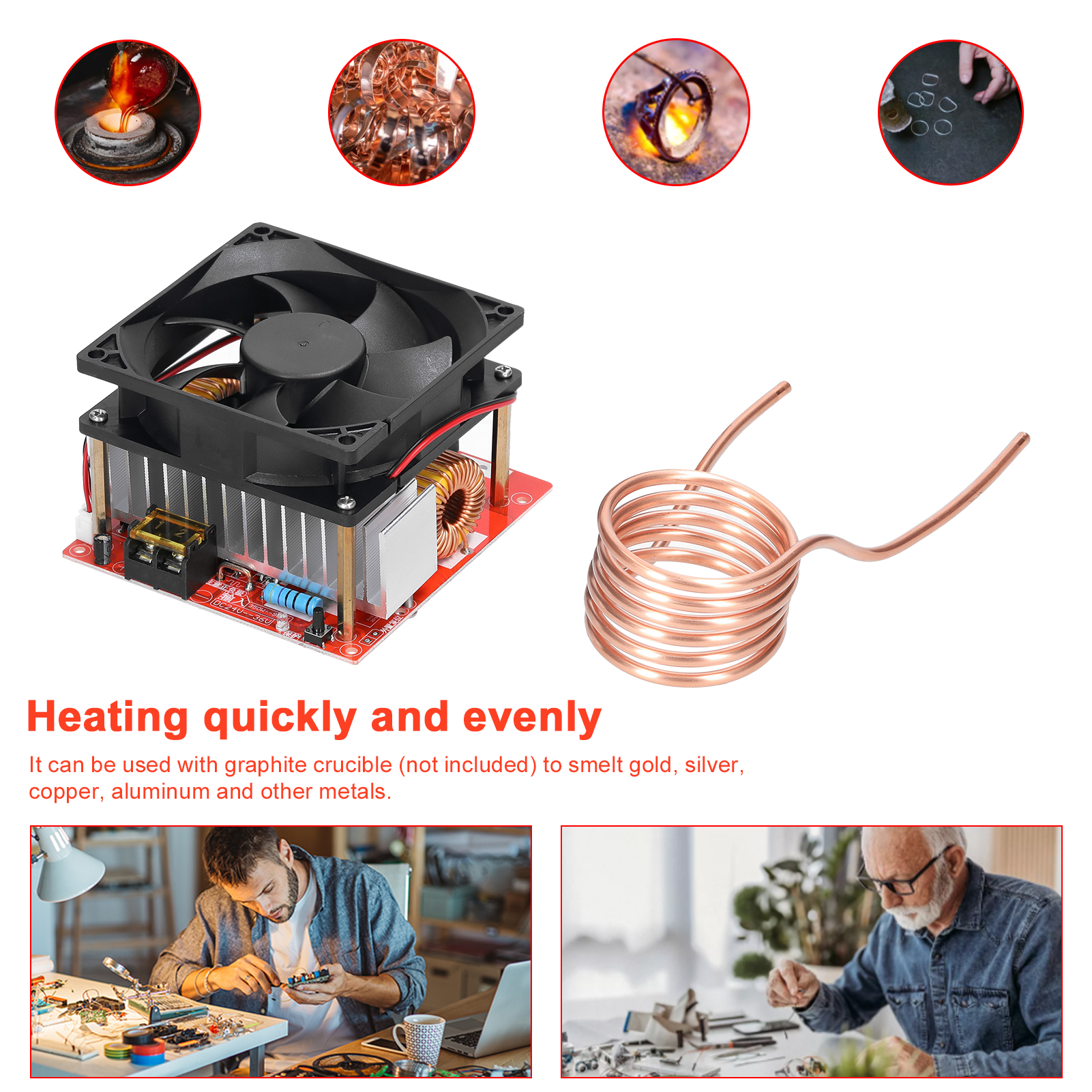 1000W ZVS Induction Heating Board Module Low Voltage Heater Coil Flyback Driver Heater with Copper Tube for DIY Small Parts Hardening Annealing