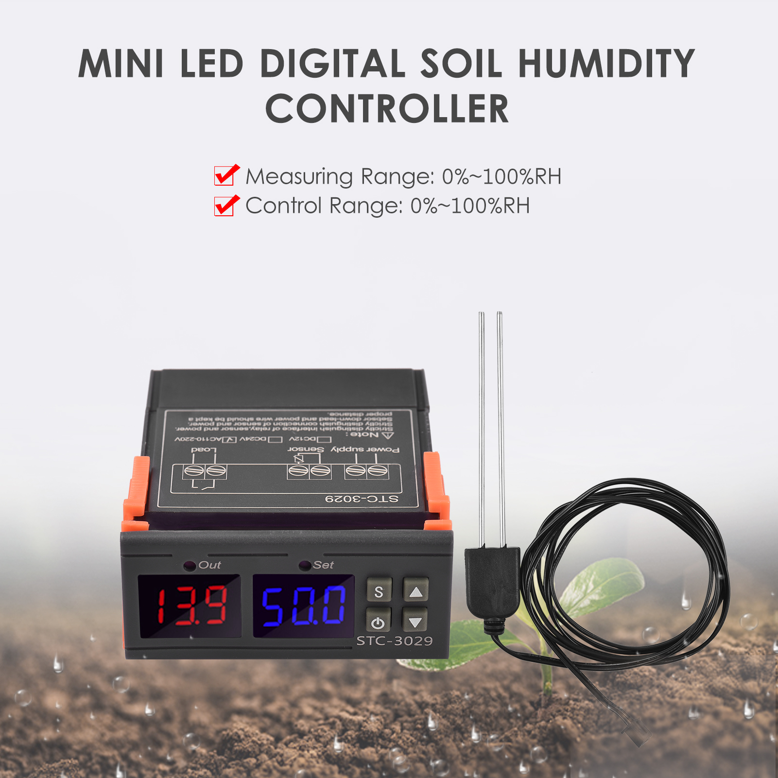 AC110V-220V 10A Mini LED Digital Soil Humidity Controller with Sensor 0%~100%RH Measuring Range with 1M Humidity Controller Sensor Probe