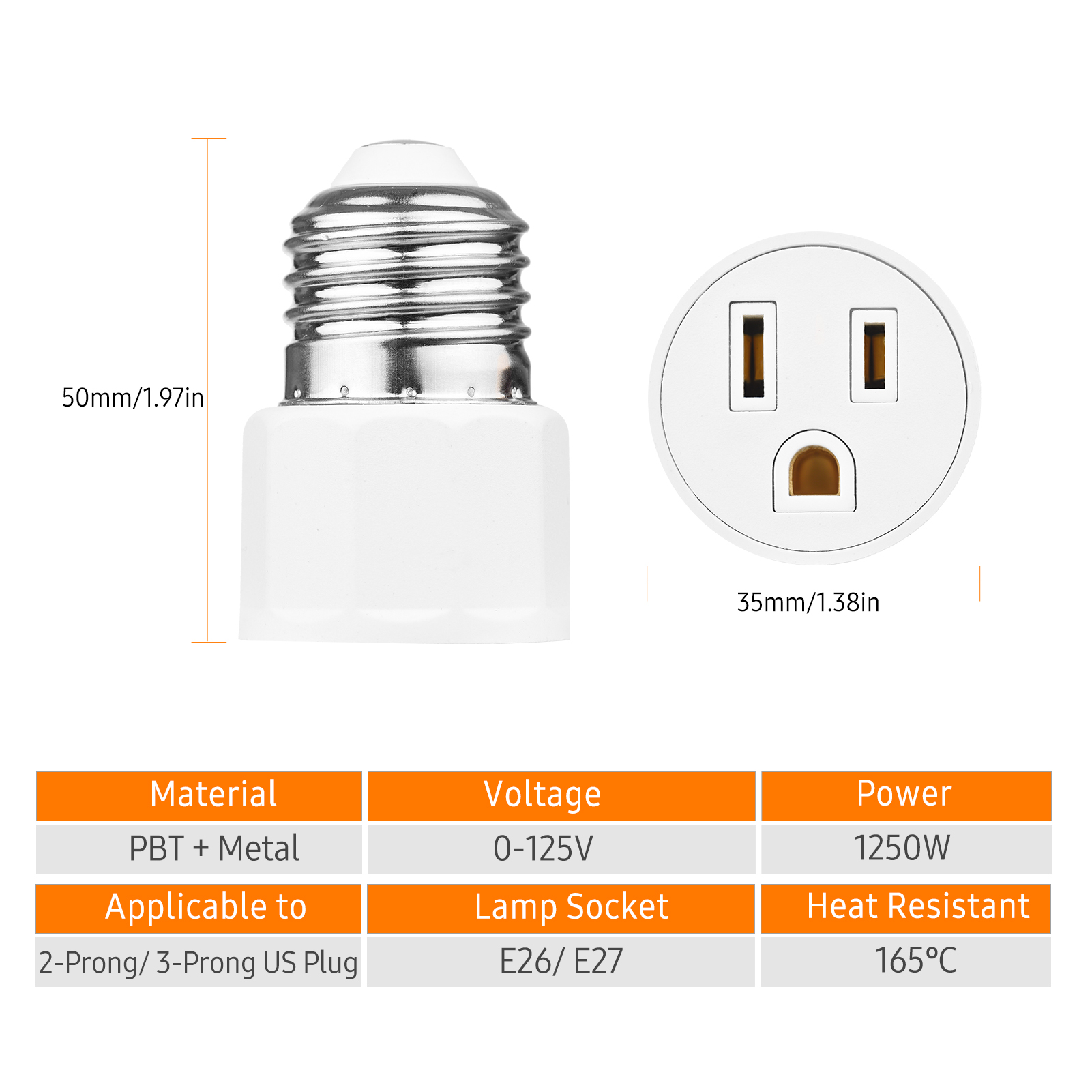 2 PCS E26 E27 Light Bulb Socket Adapter 2 or 3 Prong AC Outlet to Lamp Socket E27 Lamp Holder Adapter US Plug for Patio Shed Garage Warehouse