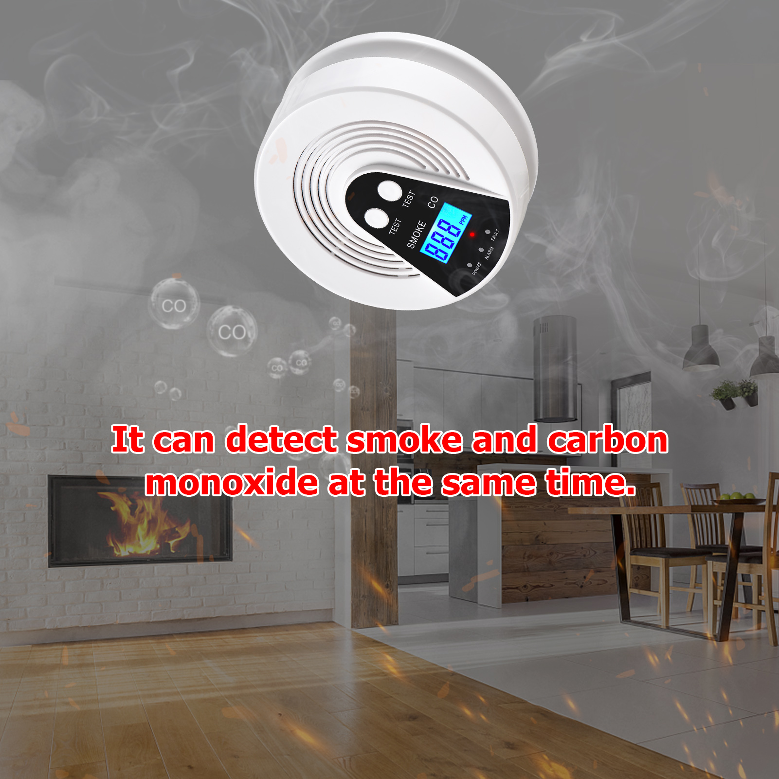 Smoke and Carbon Monoxide Alarm LCD Display CO Detector Smoke Alarm Voice Alert Combination Smoke and CO Alarm Battery Powered