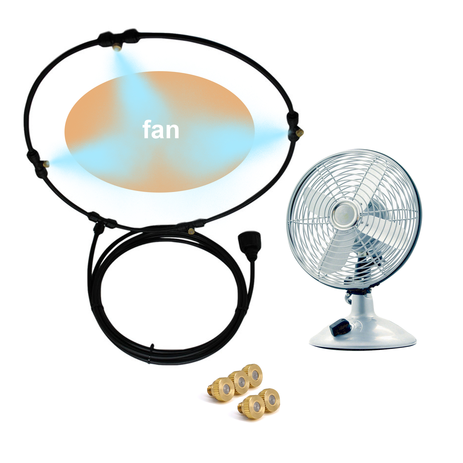 Outdoor Misting Fan Kit For Water Misting Cooling System Misters Mister Fan Line and 5 Brass Mist Nozzles for Cooling Outdoor Patios (24 Inch + 9.84ft)