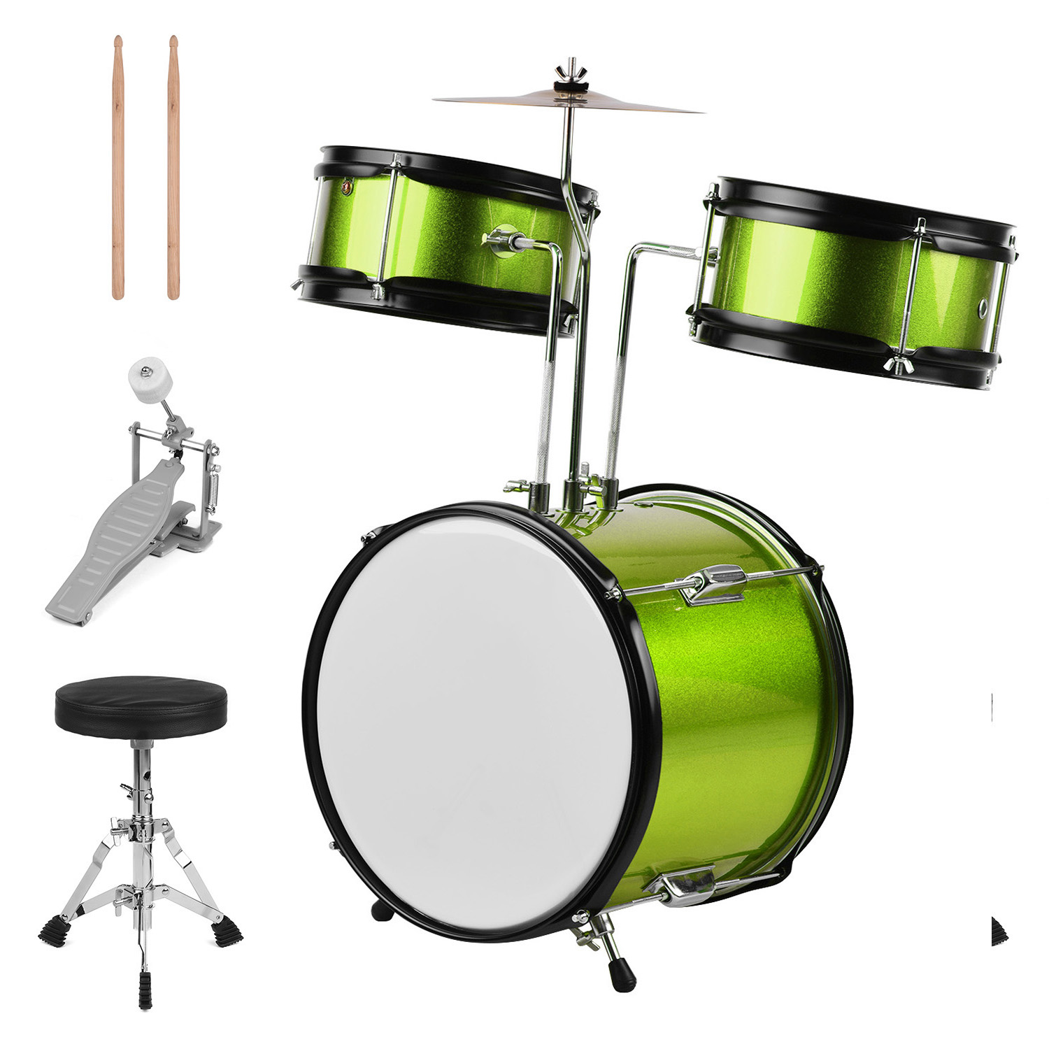 Kids Children Junior Beginners 3-Piece Drum Set Drums Kit Percussion Musical Instrument with Cymbal Drumsticks Adjustable Stool