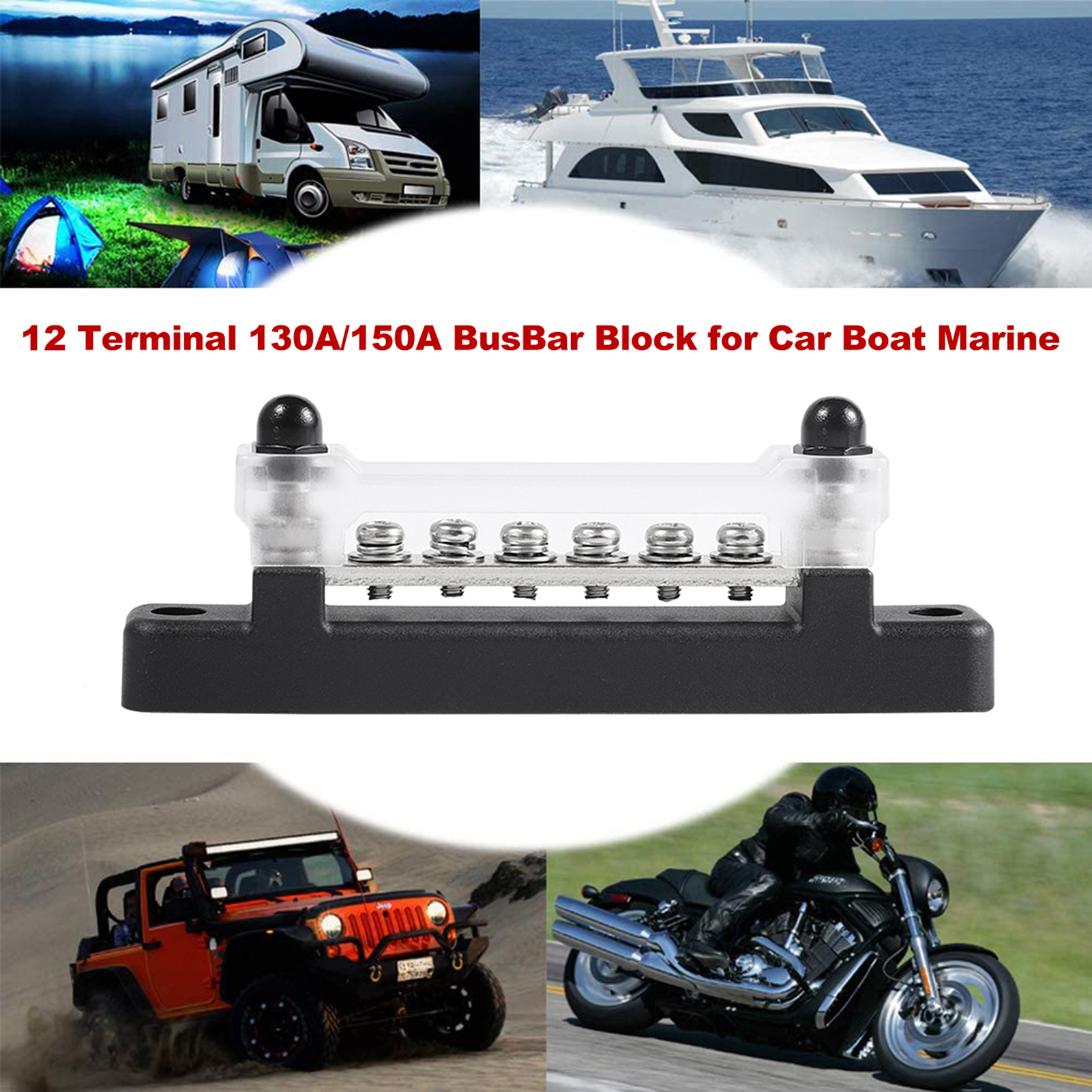 12 Terminal 130A/150A BusBar Block & Cover for Car Boat Marine Power Distribution Terminal Block M4/12 Screws + M6/2 Studs