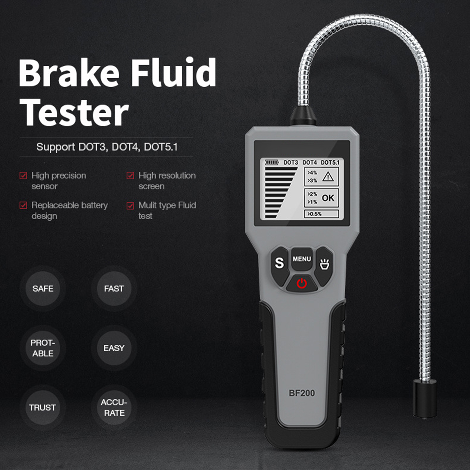 Automotive Brake Fluid Tester Oil Moisture Water Detection with  LCD Display for Vehicle DOT3 DOT4 DOT5.1 Brake Fluid Detector