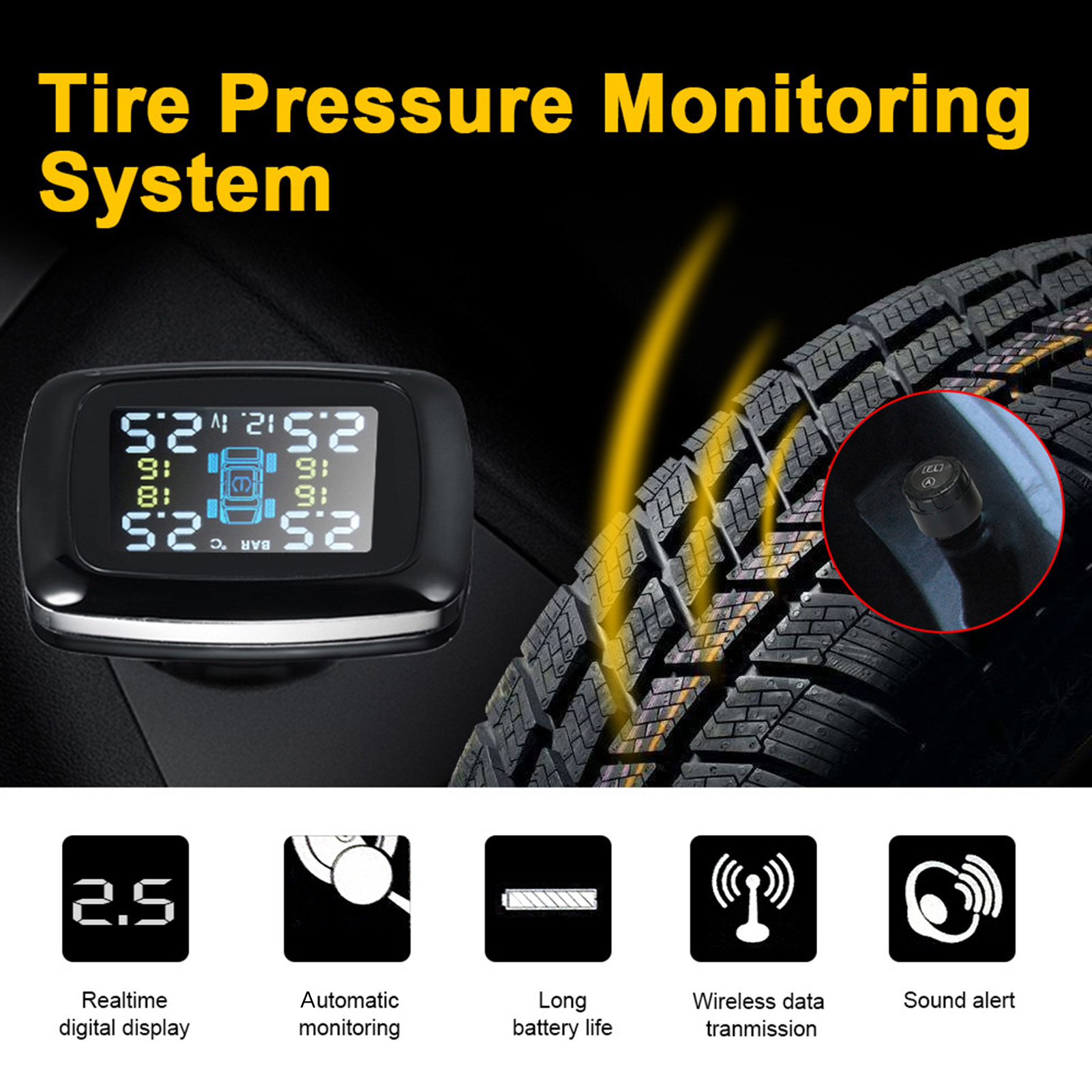 TPMS Smart Car Wireless Tire Pressure Monitoring System Cigarette Lighter Digital LCD Display with 4 External Sensors Auto Security Alarm Function