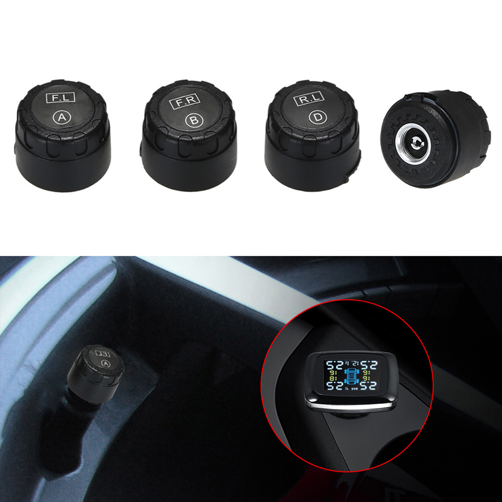 TPMS Smart Car Wireless Tire Pressure Monitoring System Cigarette Lighter Digital LCD Display with 4 External Sensors Auto Security Alarm Function