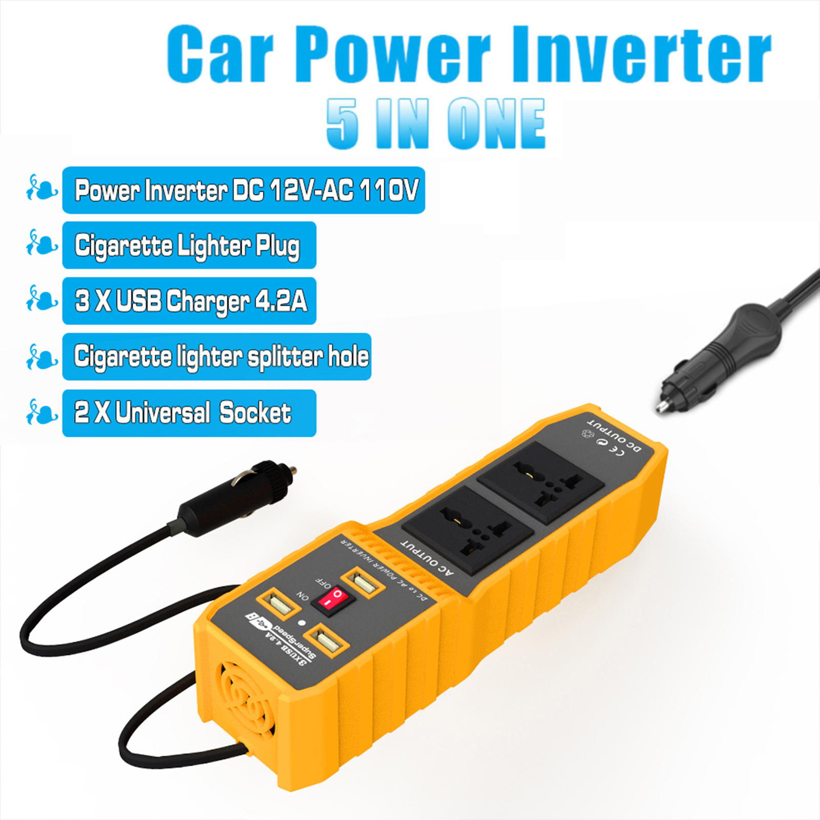 Car Power Inverter High Frequency Modified Sine Wave Inverter to AC 110V Converter with 3 USB Port 2 AC Socket Lighter