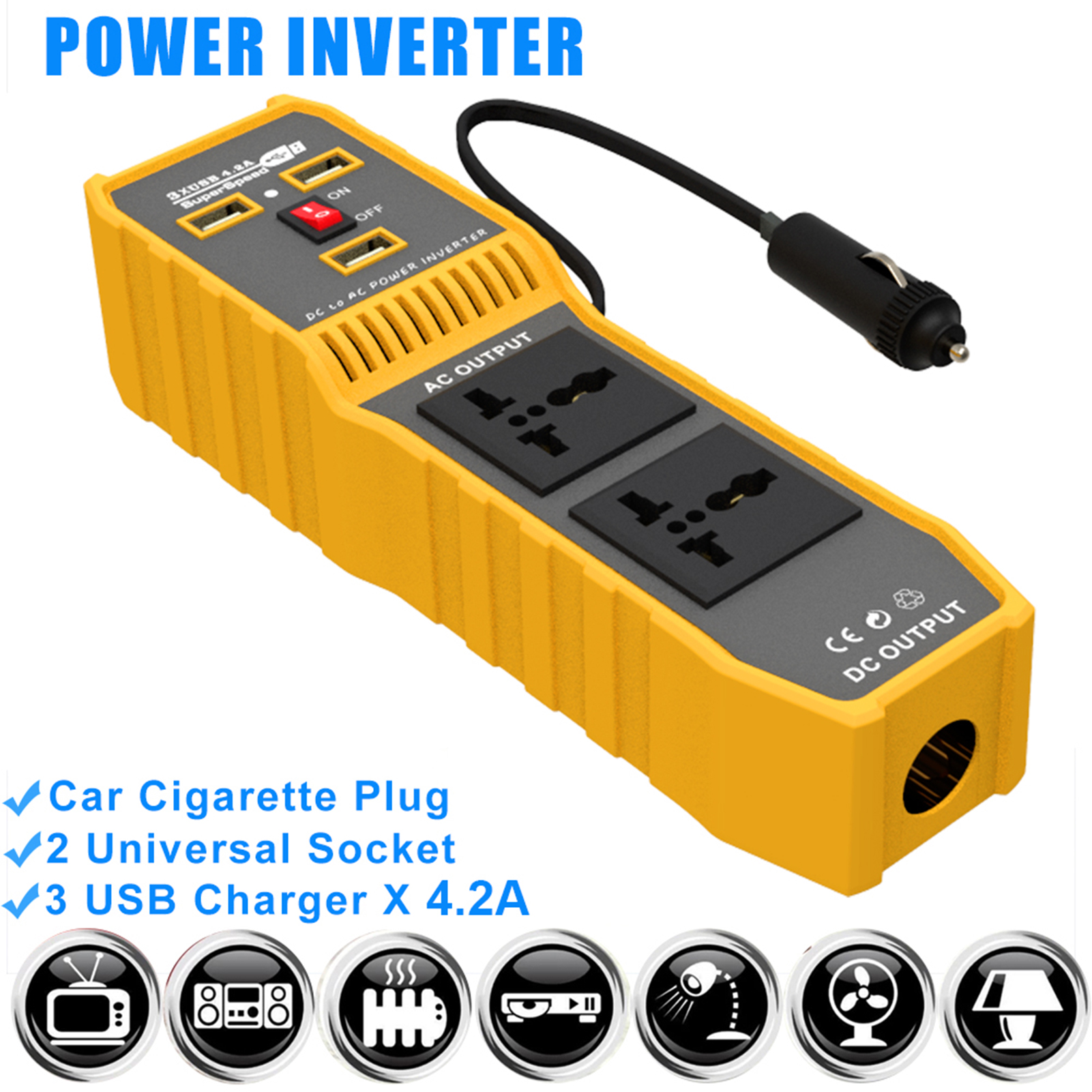 Car Power Inverter High Frequency Modified Sine Wave Inverter to AC 110V Converter with 3 USB Port 2 AC Socket Lighter