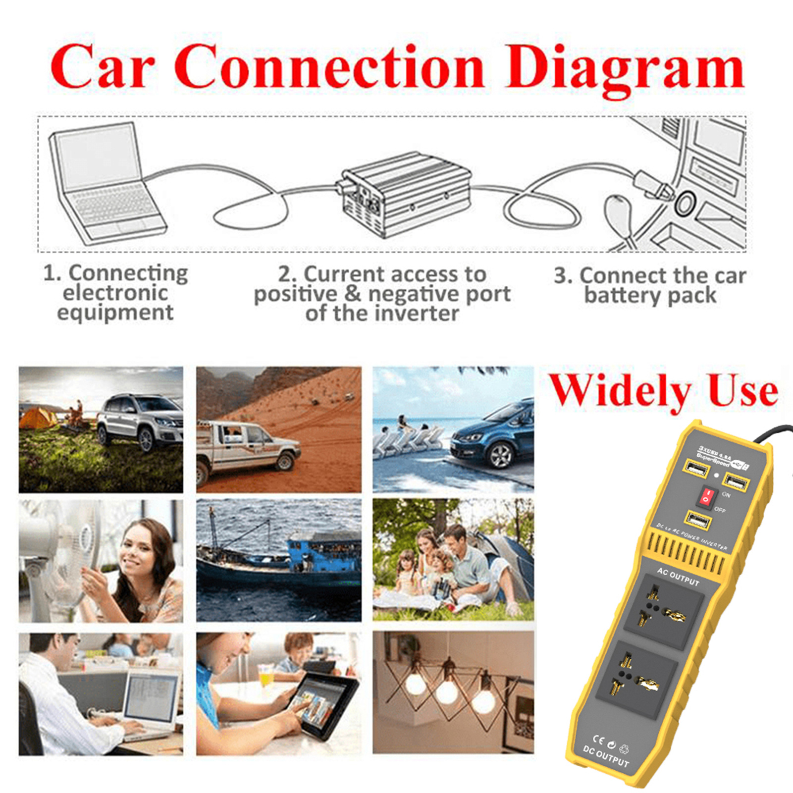 Car Power Inverter High Frequency Modified Sine Wave Inverter to AC 110V Converter with 3 USB Port 2 AC Socket Lighter