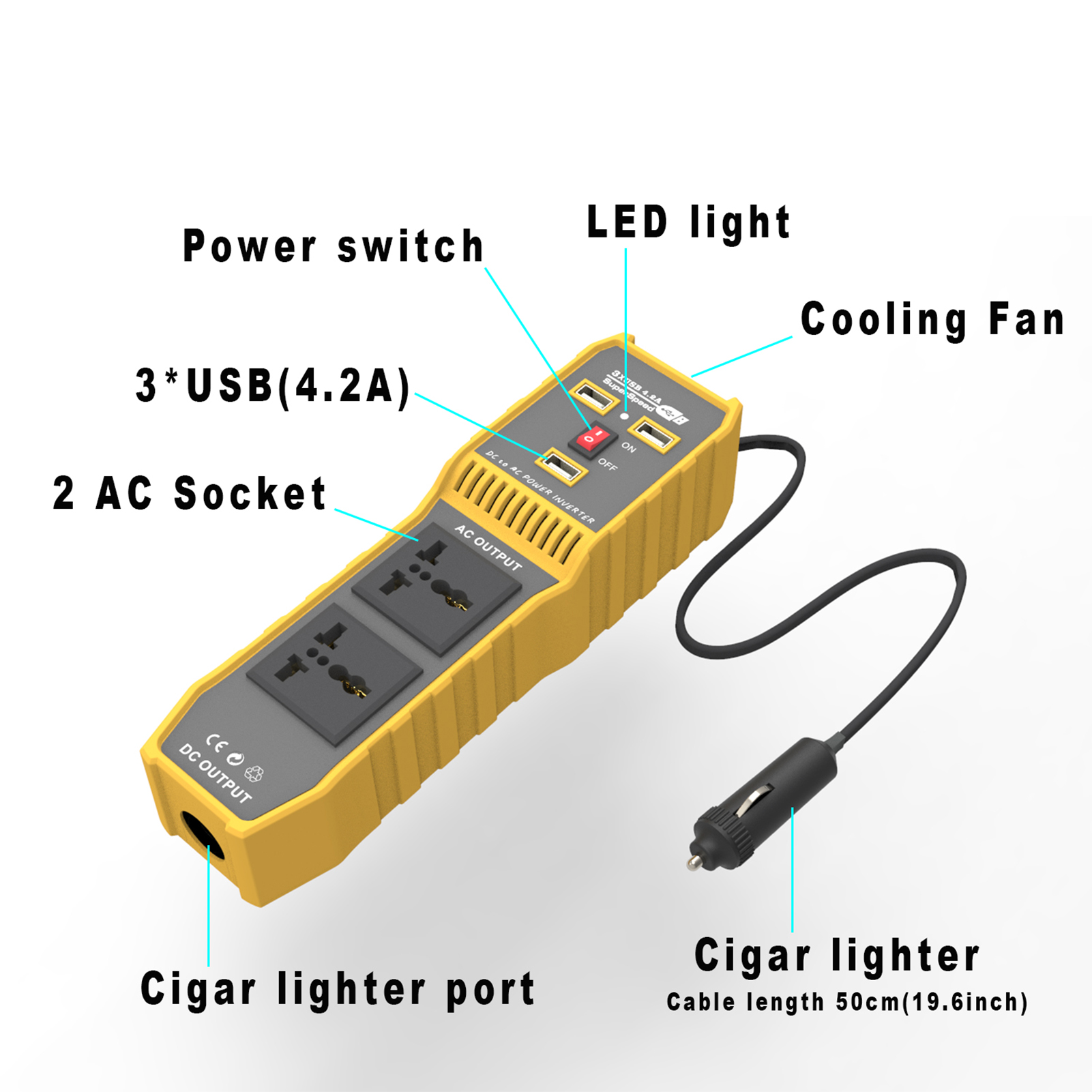 Car Power Inverter High Frequency Modified Sine Wave Inverter to AC 110V Converter with 3 USB Port 2 AC Socket Lighter