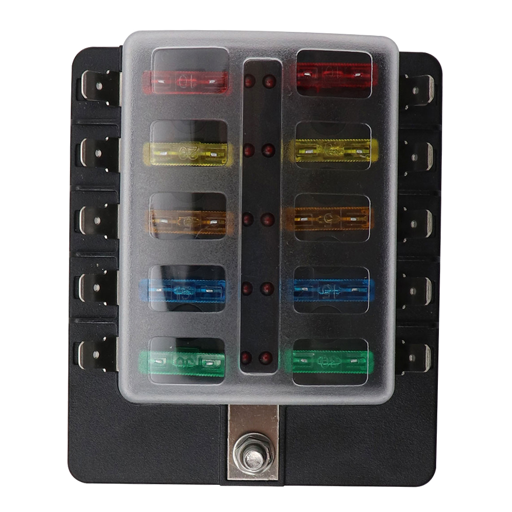 10 Way Blade Fuse Box Holder with LED Warning Light Kit for Car Boat Marine Trike 12V 24V