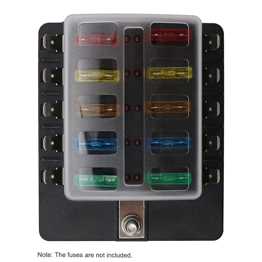 10 Way Blade Fuse Box Holder with LED Warning Light Kit for Car Boat Marine Trike 12V 24V