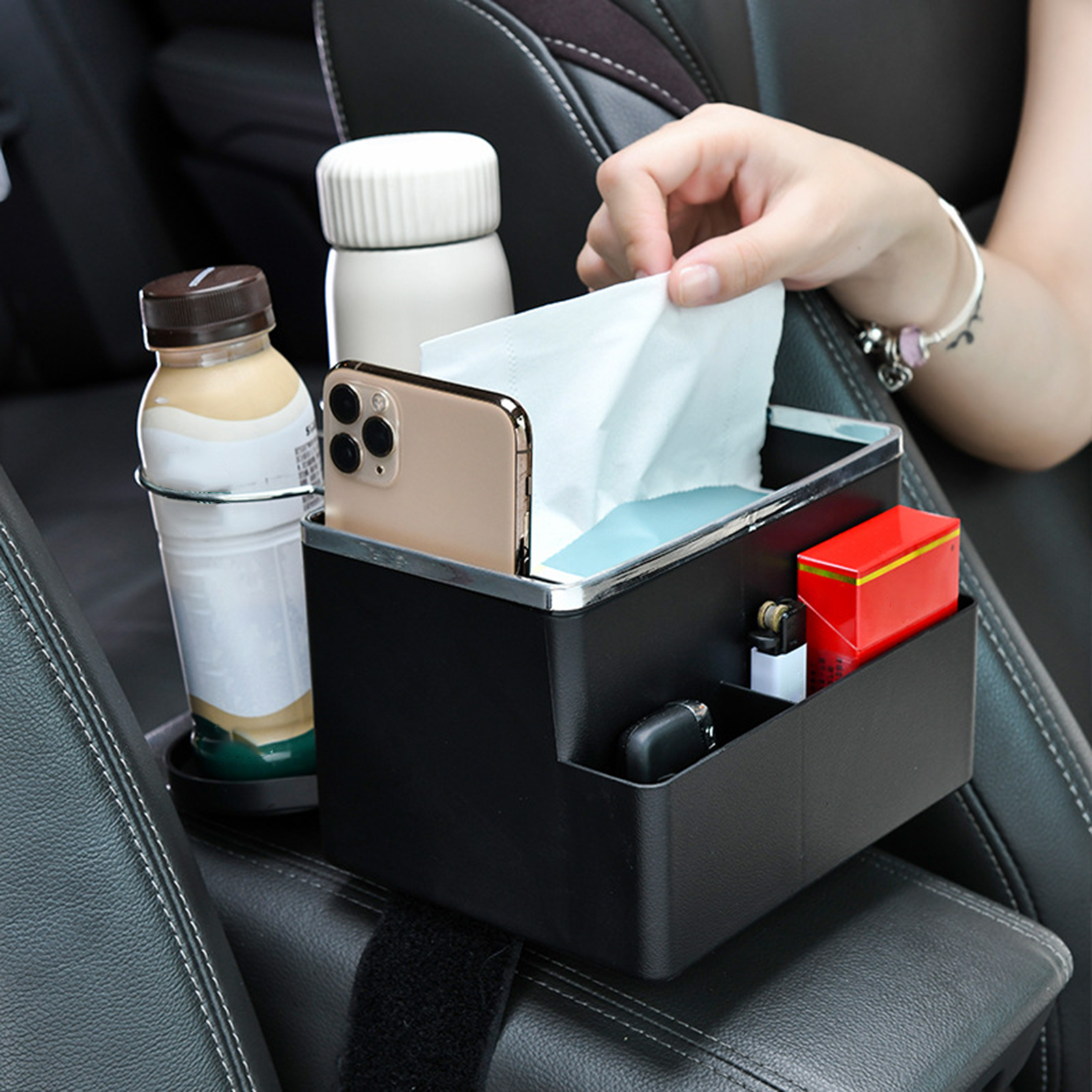 Car Armrest Storage Box Multifunctional Car Armrest Storage Organizer with Foldable Cup Holders for Water Cups Tissues Mobile Phone