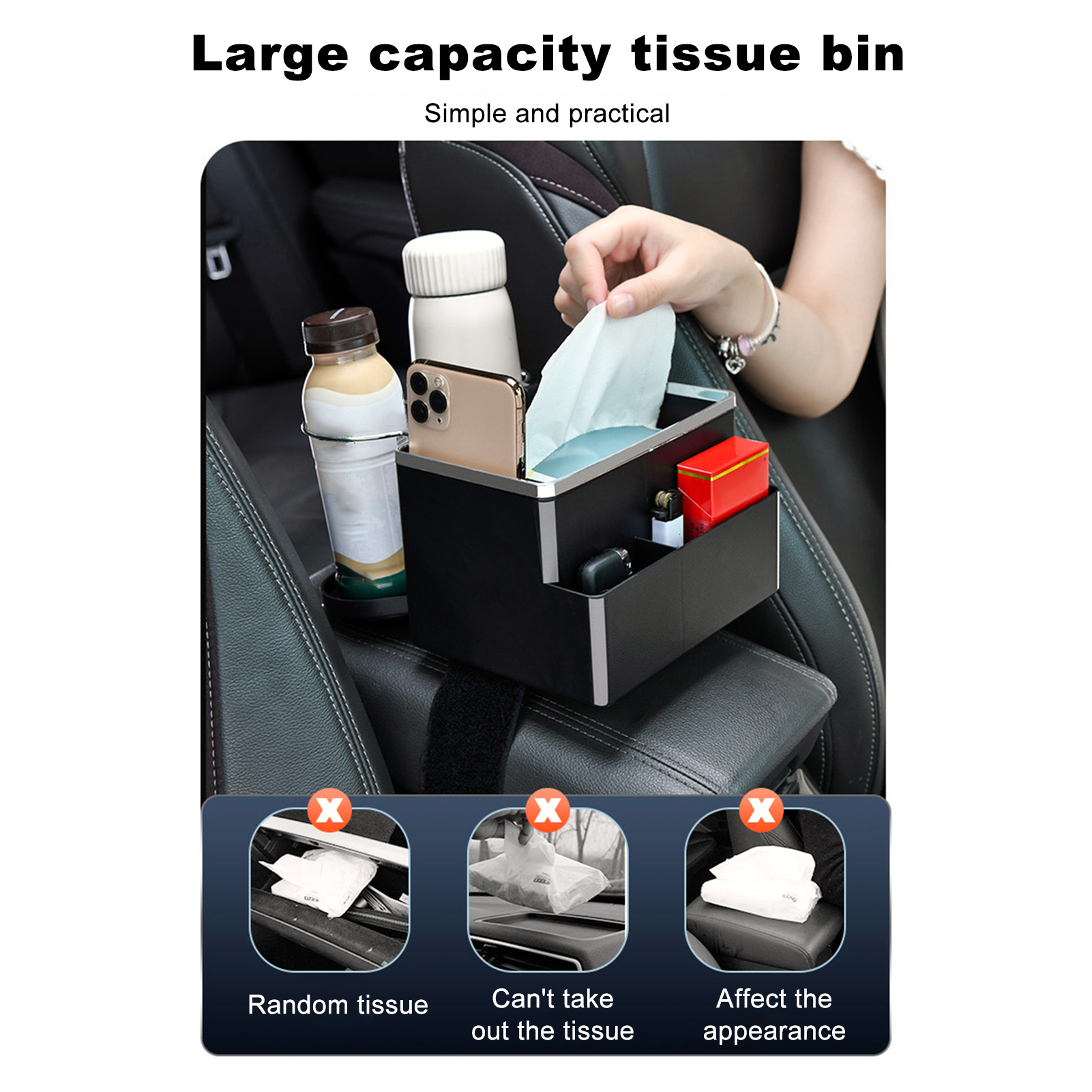 Car Armrest Storage Box Multifunctional Car Armrest Storage Organizer with Foldable Cup Holders for Water Cups Tissues Mobile Phone