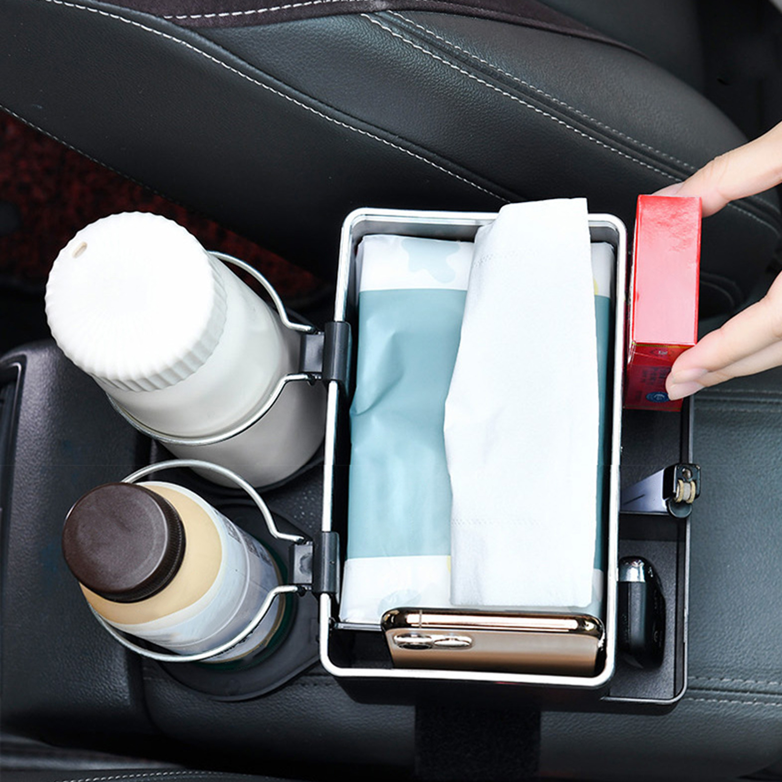 Car Armrest Storage Box Multifunctional Car Armrest Storage Organizer with Foldable Cup Holders for Water Cups Tissues Mobile Phone