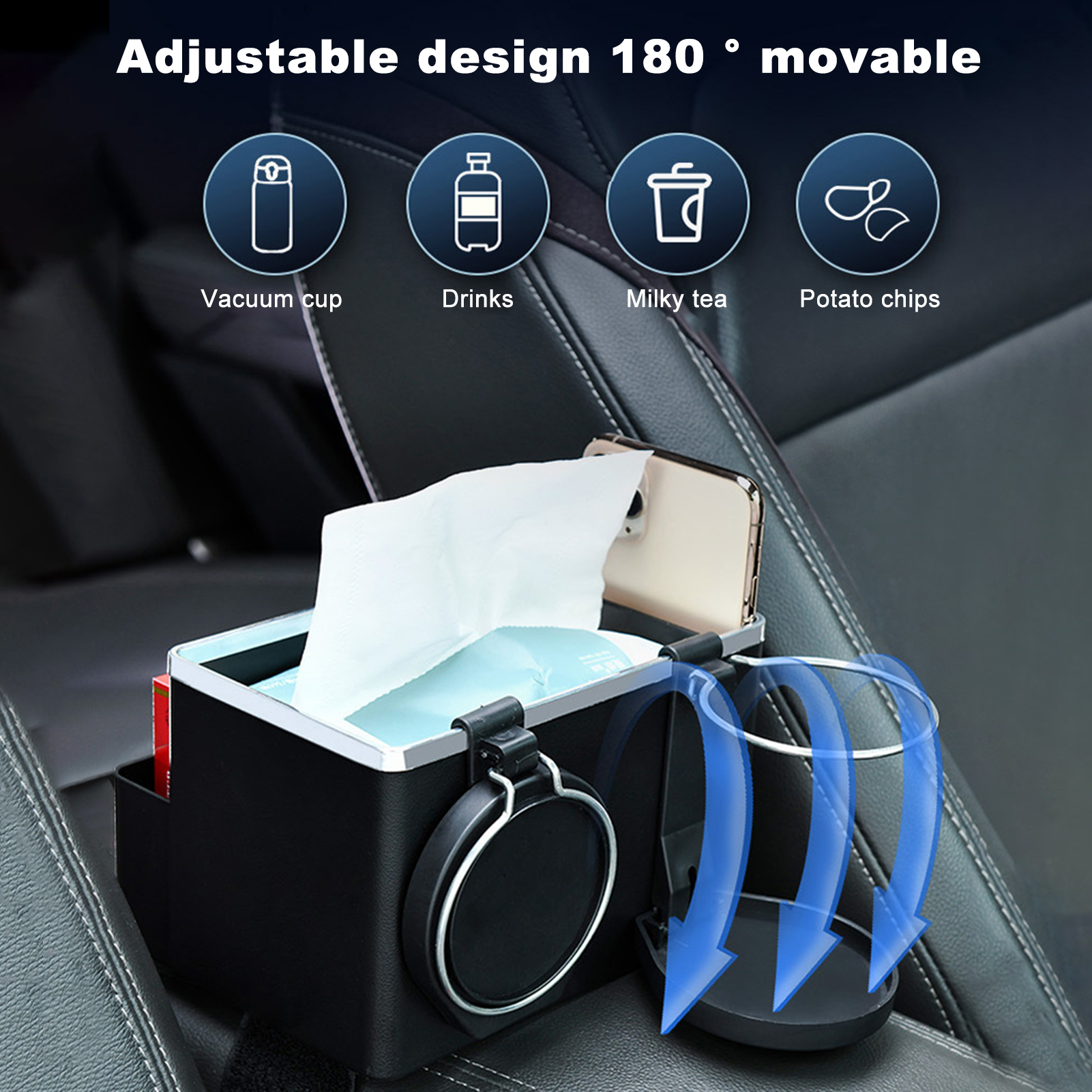 Car Armrest Storage Box Multifunctional Car Armrest Storage Organizer with Foldable Cup Holders for Water Cups Tissues Mobile Phone