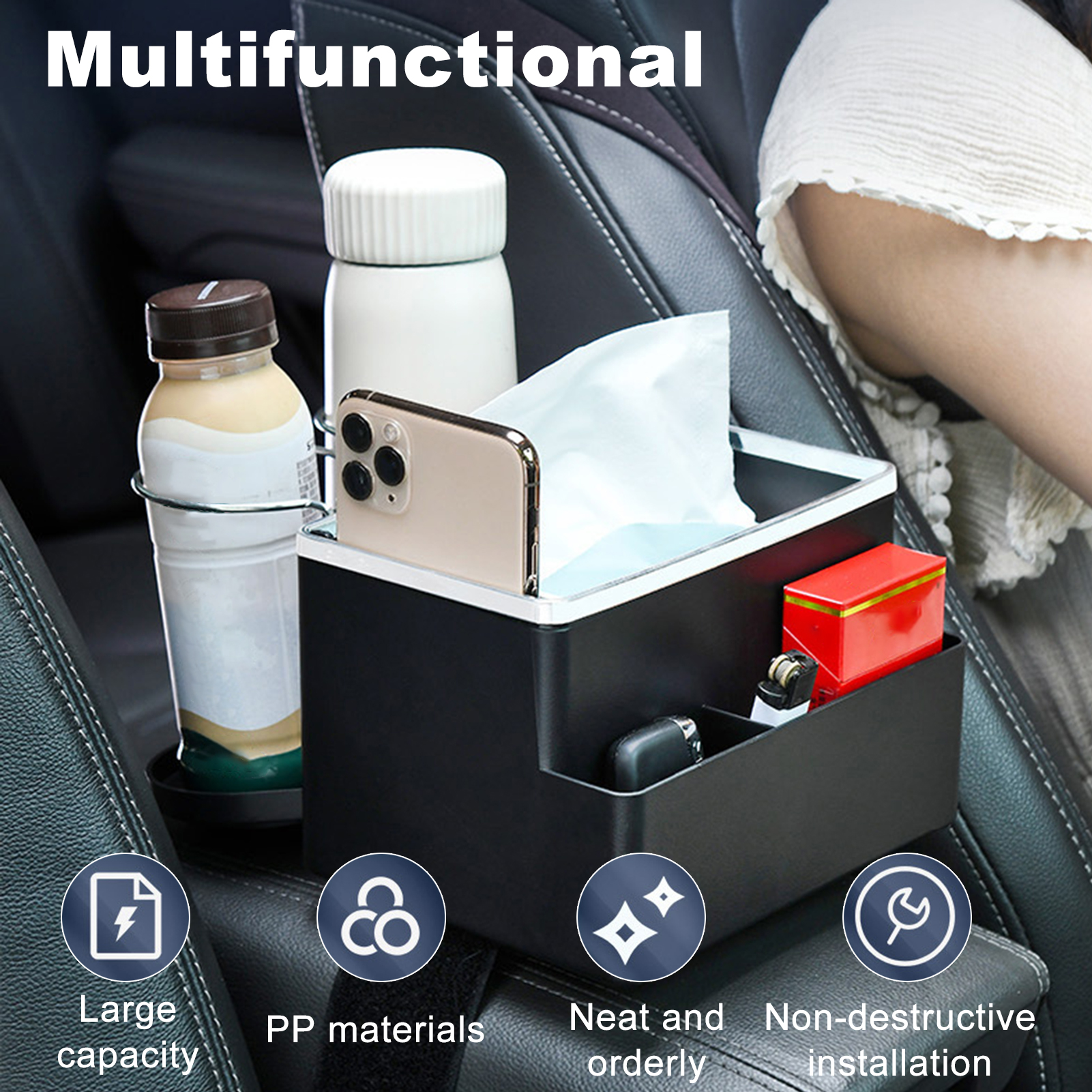 Car Armrest Storage Box Multifunctional Car Armrest Storage Organizer with Foldable Cup Holders for Water Cups Tissues Mobile Phone