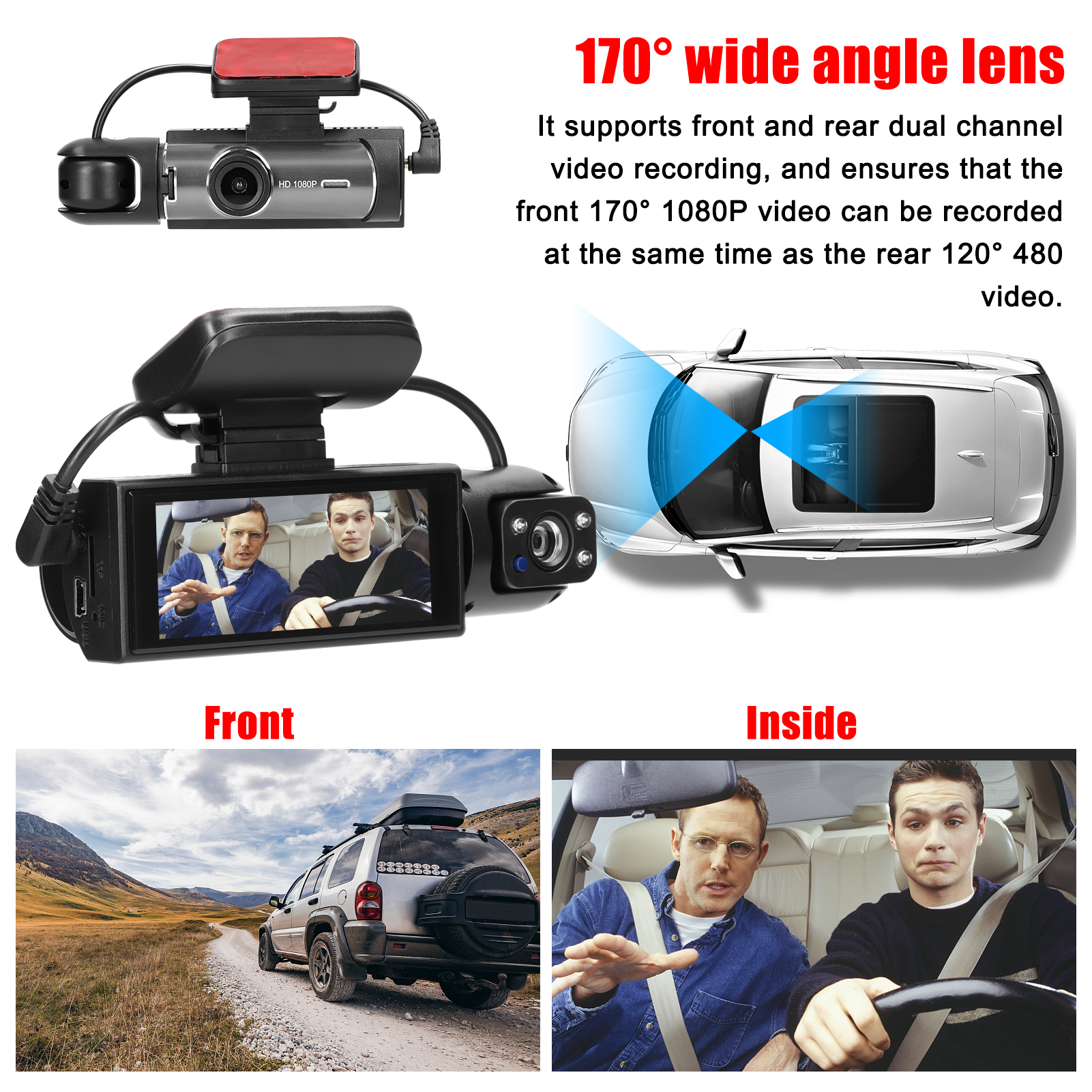 Multi-language Dual Lens Car Video Recorder Auto Dash Cam Car Camera Recorder Night Viewing Motion Detection DVR 170 Degree Wide Angle Car Camcorder