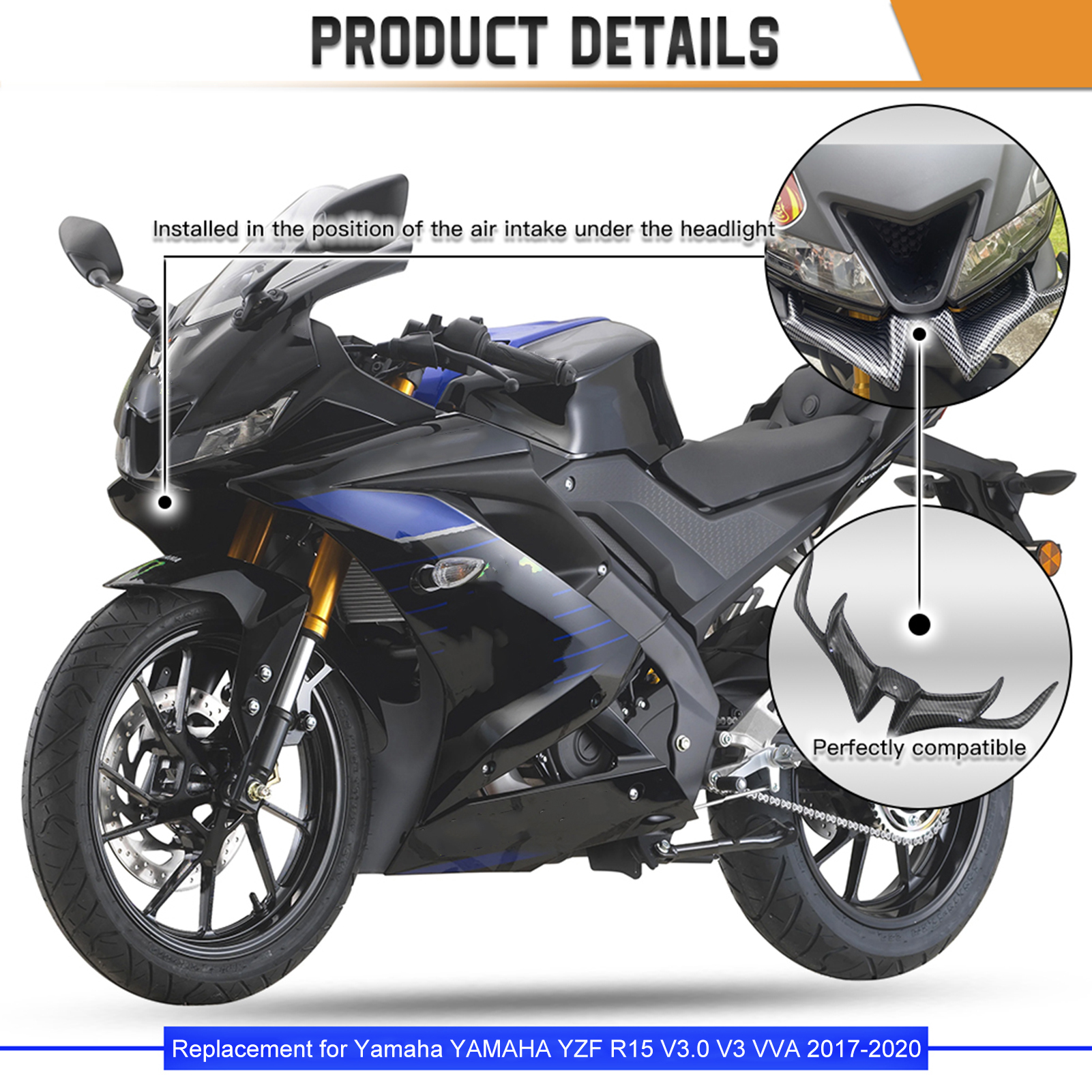 Replacement for Yamaha YAMAHA YZF R15 V3.0 V3 VVA 2017-2020 Beak-shaped Motorcycle Front Fairing, Aerodynamic Spoilers Wind Inlet Wing