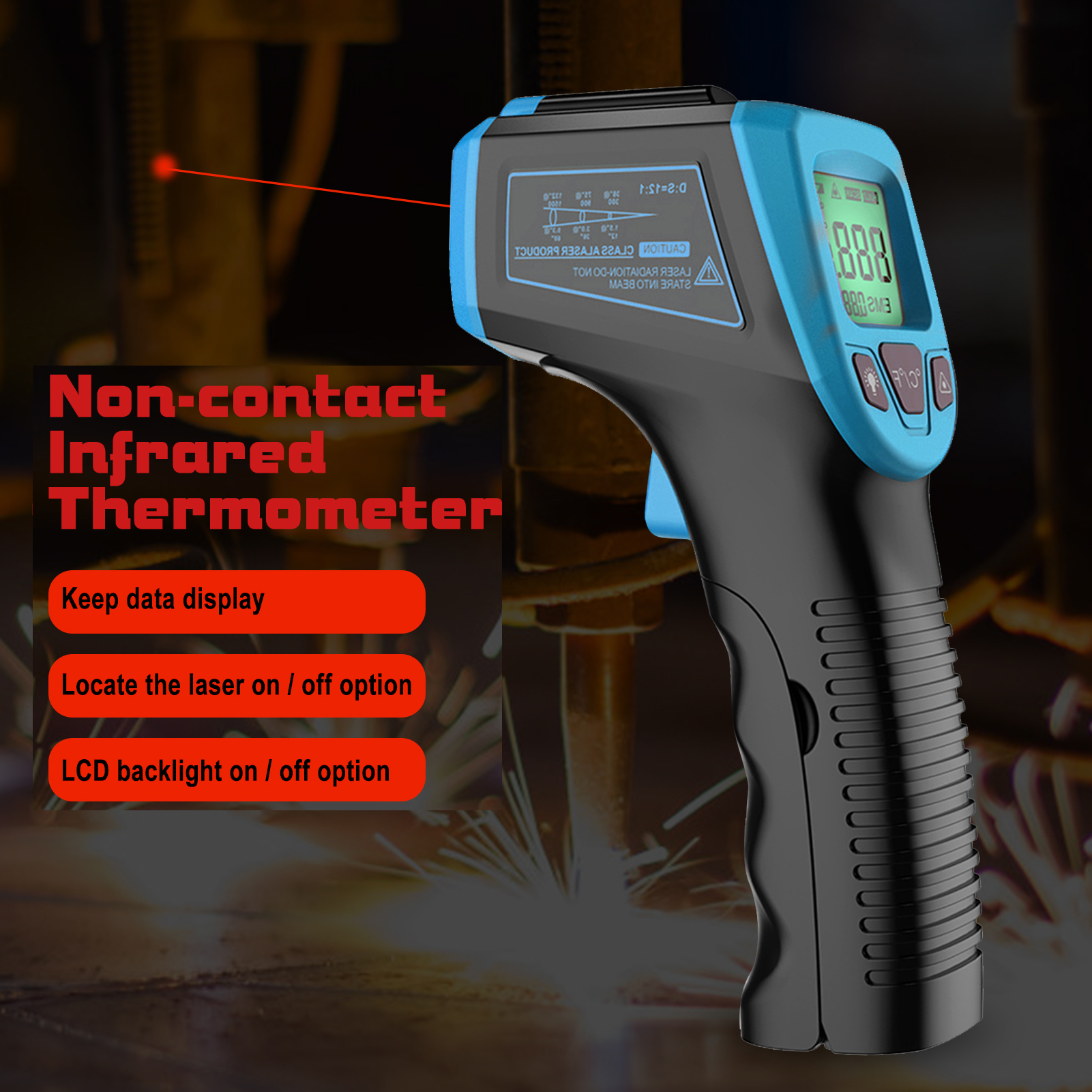 Infrared Thermometer, Non-Contact Digital Laser Temperature Gun -58°F to 1112°F (-50°C to 600°C) with LCD Display,blue