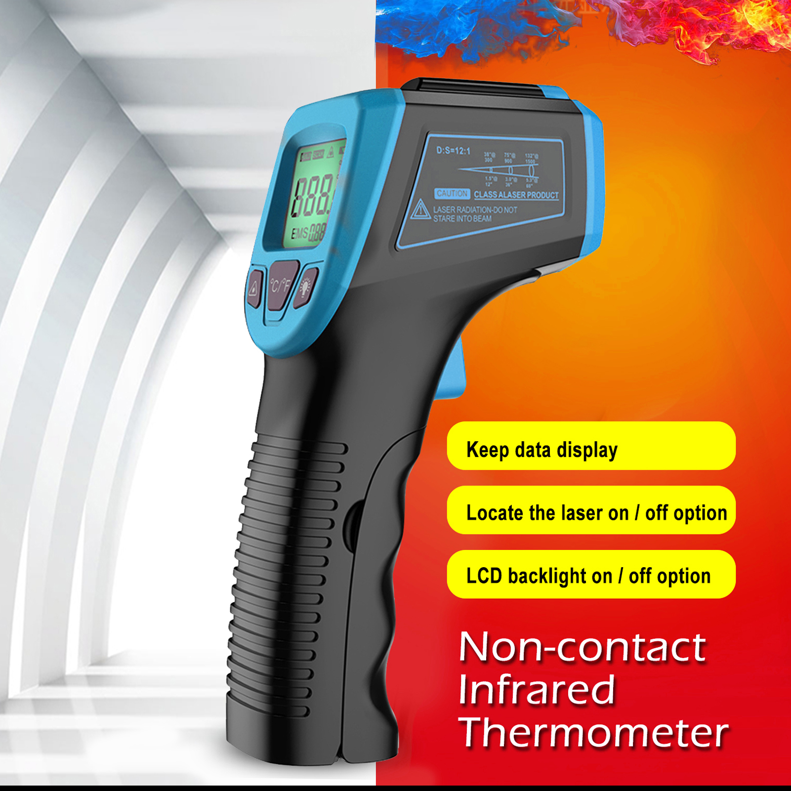 Infrared Thermometer, Non-Contact Digital Laser Temperature Gun -58°F to 1112°F (-50°C to 600°C) with LCD Display,blue