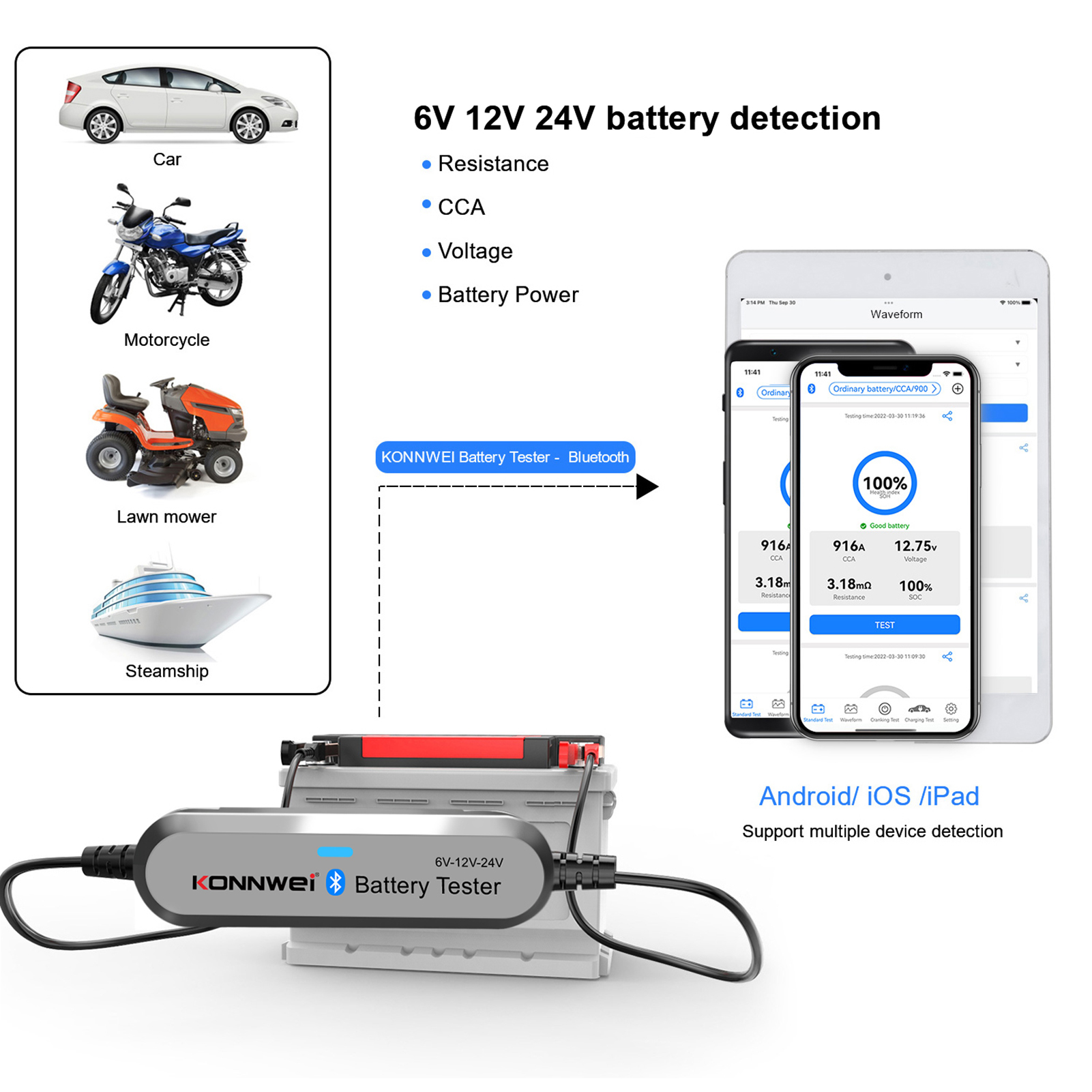 KONNWEI  BK200  6V/12V/24V Car BT Battery Tester Battery Load Tester Internal Resistance Tester Analyzer for Car   Motorcycle Lawn Mower Steamship Silver