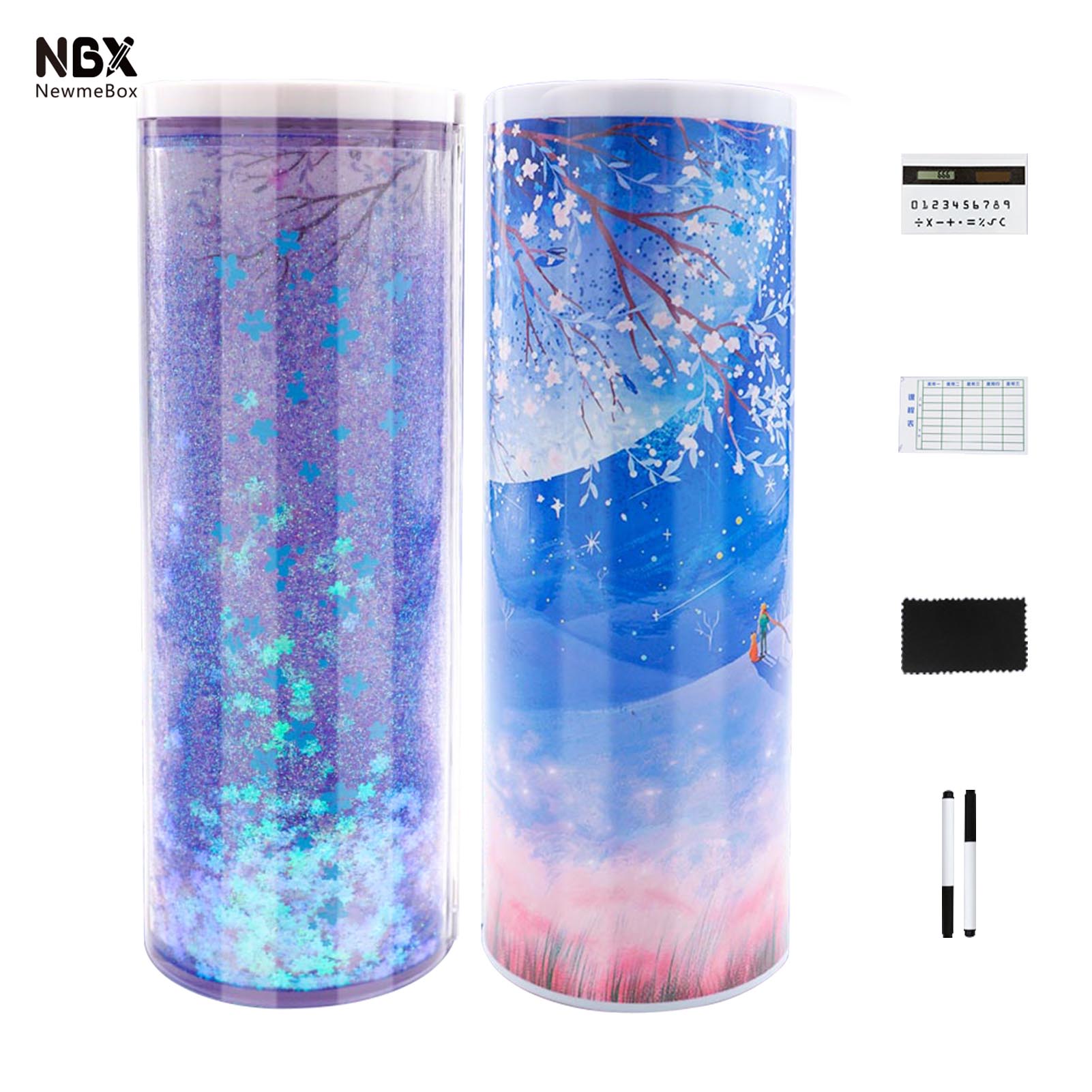 NBX Pencil Cases Multifunctional Standing Quicksand Pencil Case Organizer Double Layer   Cylindrical Cute Pen Bag Holder with Mirror Erasable Notepad Calculator Large Capacity   Storage Stationery Box for School Students Kids