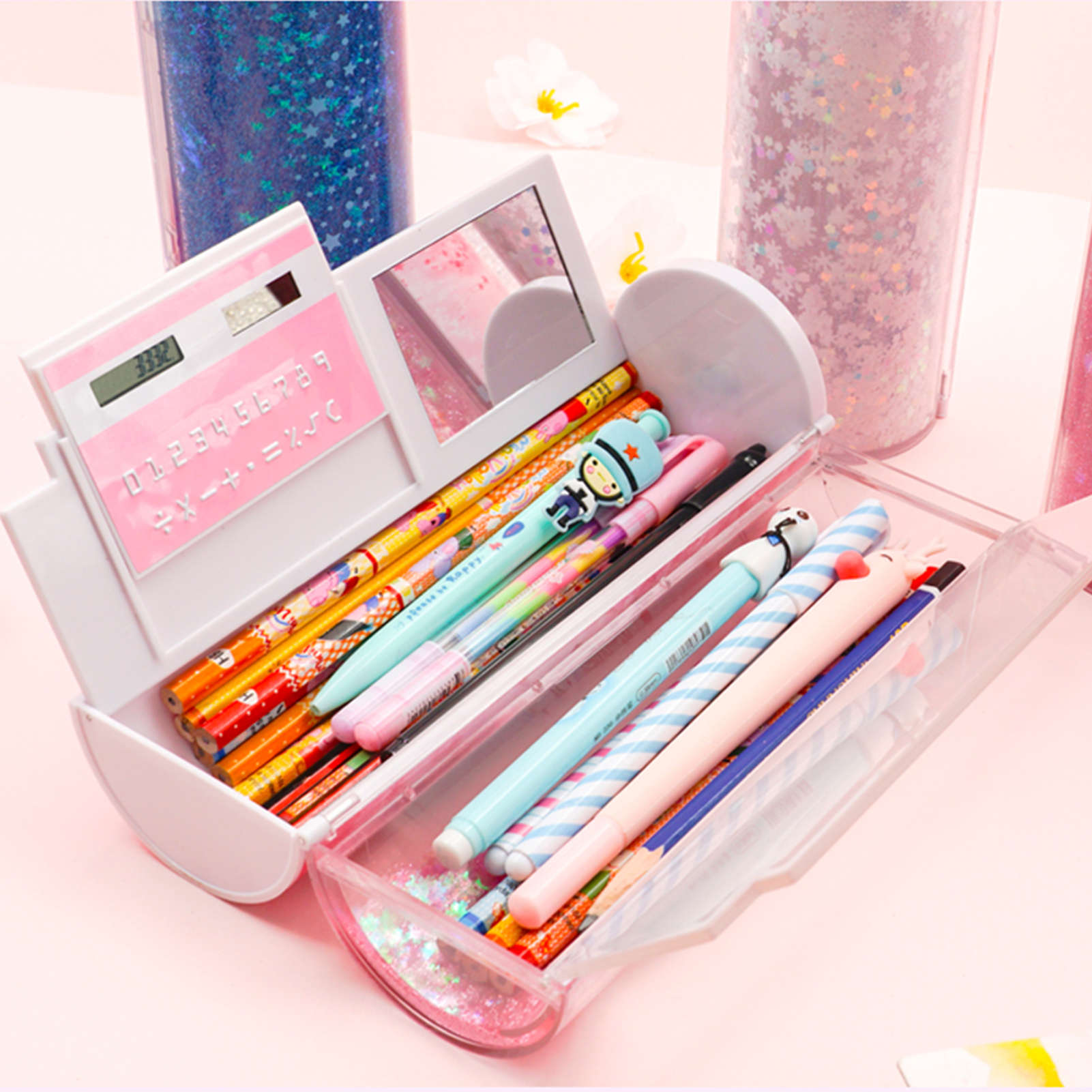 NBX Pencil Cases Multifunctional Standing Quicksand Pencil Case Organizer Double Layer   Cylindrical Cute Pen Bag Holder with Mirror Erasable Notepad Calculator Large Capacity   Storage Stationery Box for School Students Kids