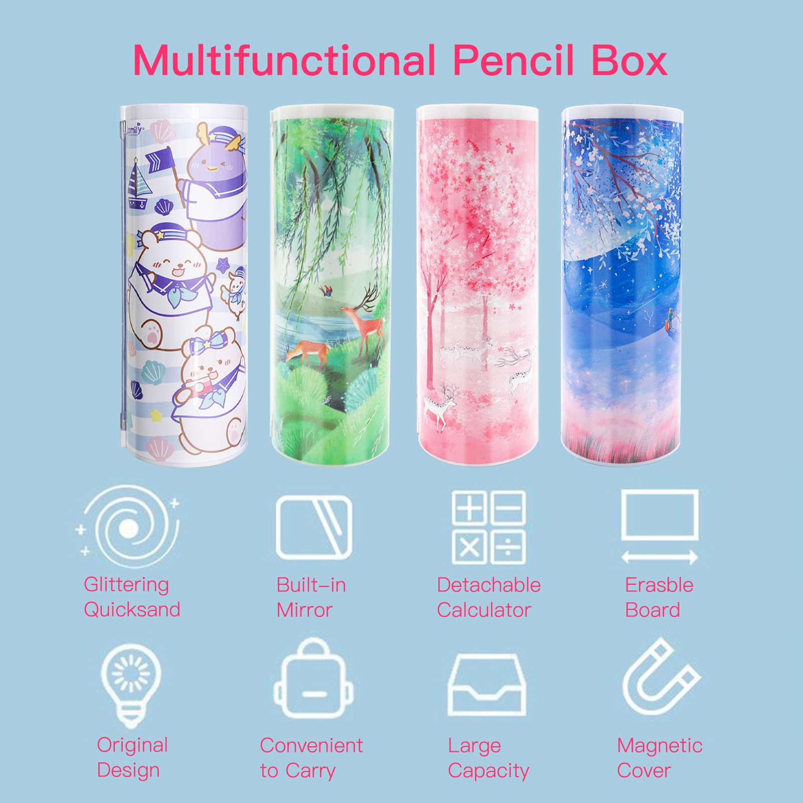 NBX Pencil Cases Multifunctional Standing Quicksand Pencil Case Organizer Double Layer   Cylindrical Cute Pen Bag Holder with Mirror Erasable Notepad Calculator Large Capacity   Storage Stationery Box for School Students Kids