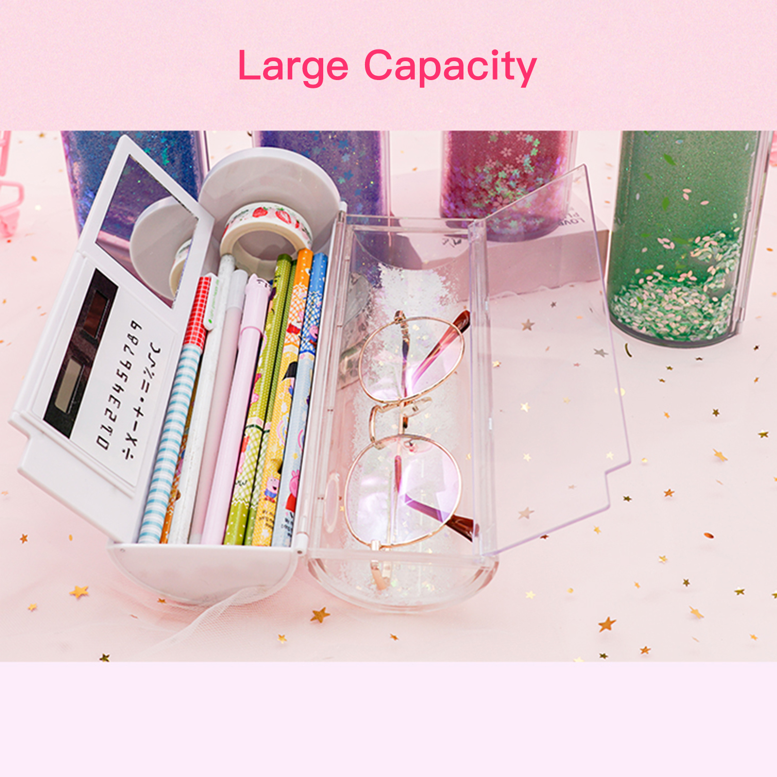 NBX Pencil Cases Multifunctional Standing Quicksand Pencil Case Organizer Double Layer   Cylindrical Cute Pen Bag Holder with Mirror Erasable Notepad Calculator Large Capacity   Storage Stationery Box for School Students Kids