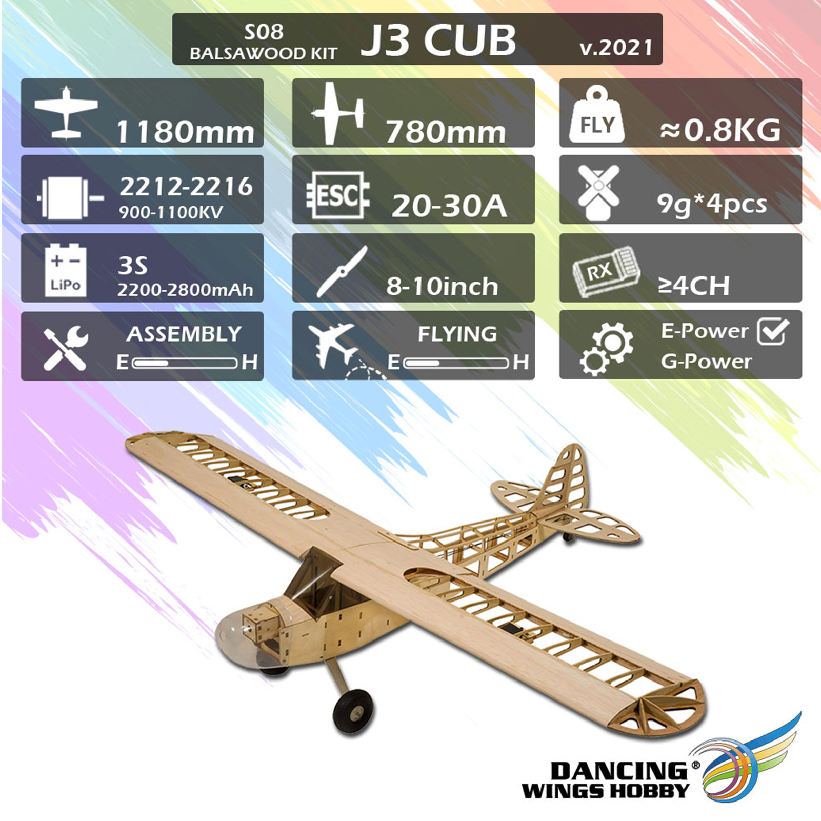 Dancing Wings Hobby S0801 Balsa Wood RC Airplane 1.2M Piper Cub J-3 Remote Control Aircraft KIT Version DIY Flying Model