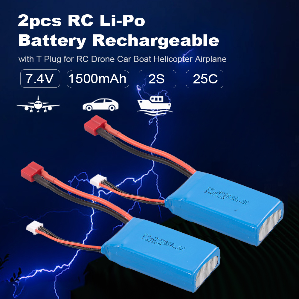 RC Li-Po Battery 7.4V 1500mAh 25C 2S Rechargeable with T Plug for RC Drone Car Boat Helicopter Airplane 2pcs