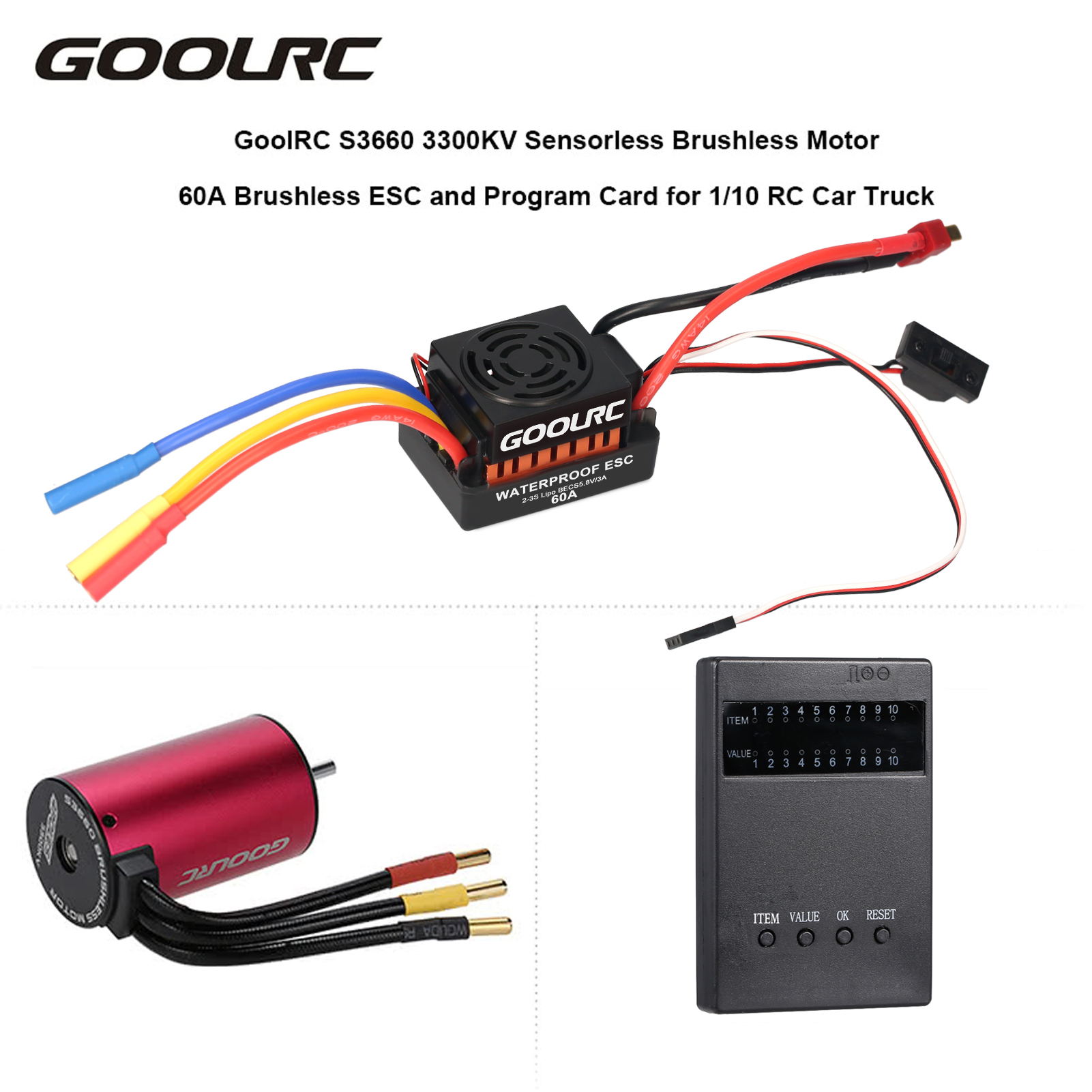 GoolRC S3660 3300KV Sensorless Brushless Motor 60A Brushless ESC and Programming Card Combo Set for 1/10 RC Car Truck