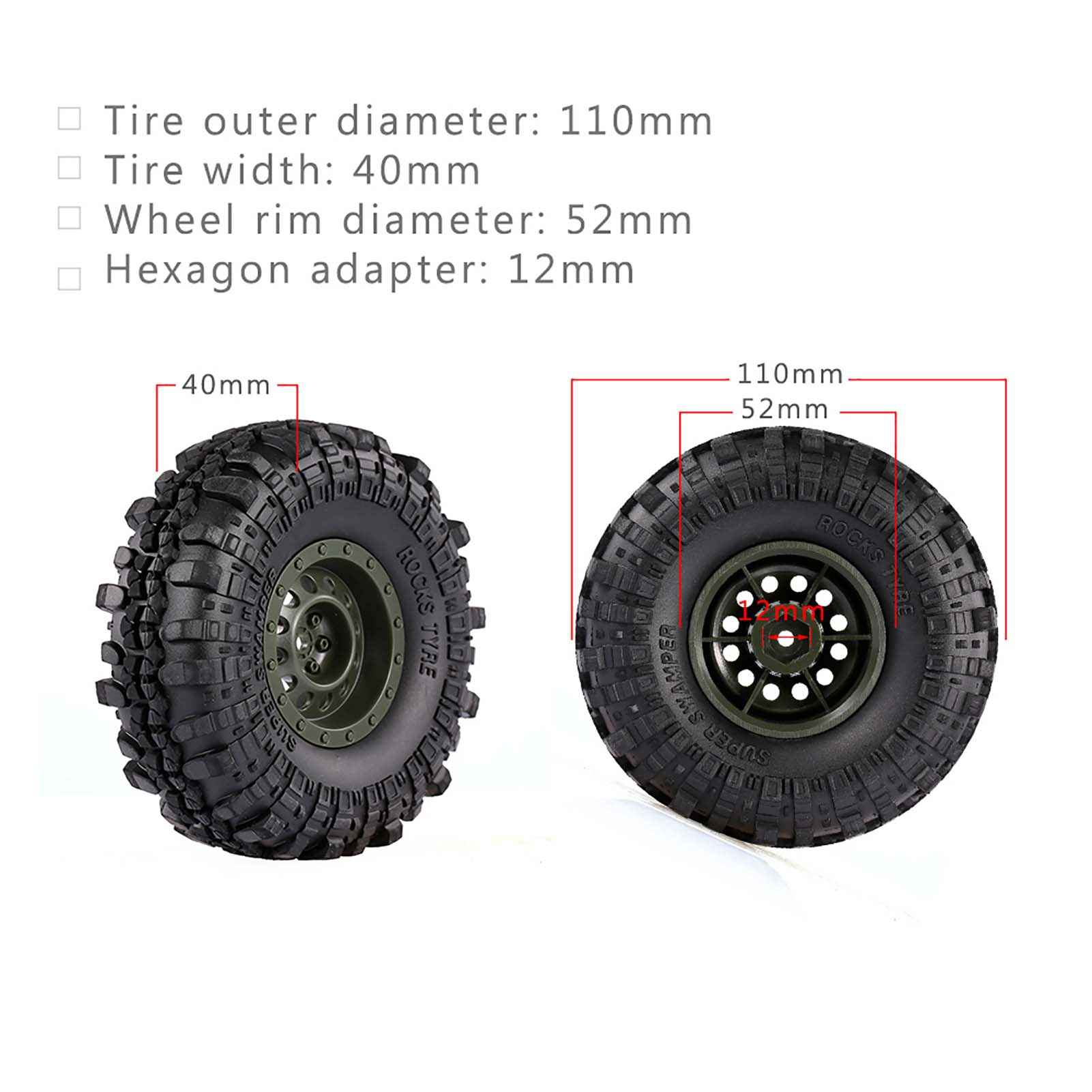 4pcs AUSTAR 110mm 1.9 Inch Rim Rubber Tyre Tire Wheel for 1/10 RC Car Traxxas HSP Redcat RC4WD Tamiya Axial SCX10 D90 HPI RC Rock Crawler