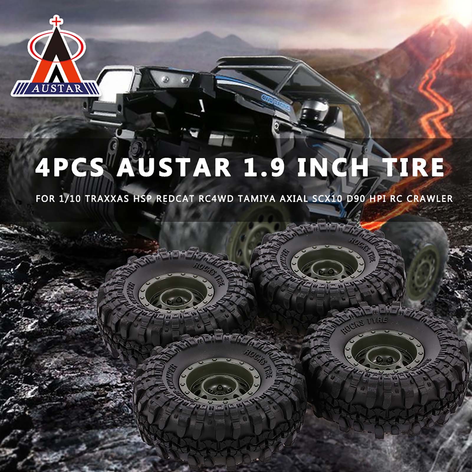 4pcs AUSTAR 110mm 1.9 Inch Rim Rubber Tyre Tire Wheel for 1/10 RC Car Traxxas HSP Redcat RC4WD Tamiya Axial SCX10 D90 HPI RC Rock Crawler