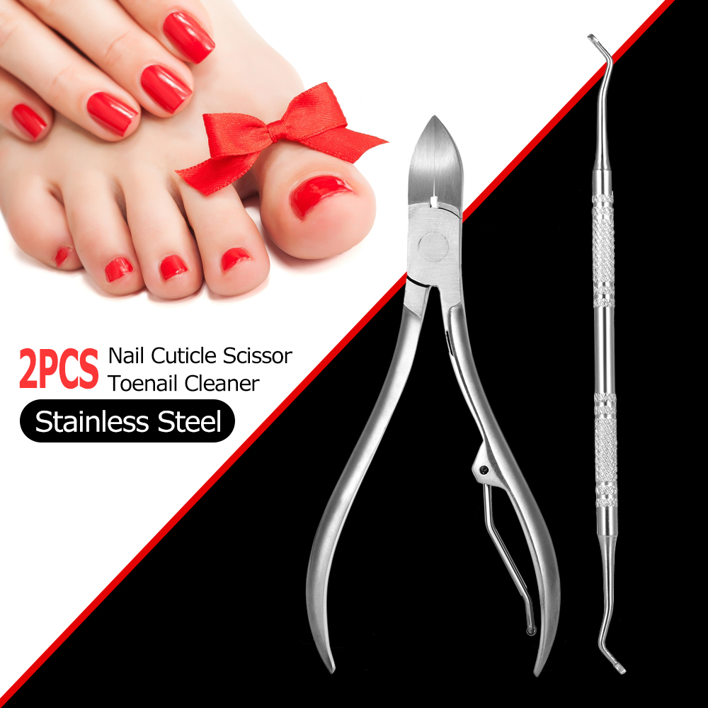 2pcs Stainless Steel Nail Cuticle Scissor + Ingrowing Toenail Cleaner Nail Clippers Finger and Toe Nail Nipper Nail Manicure Pedicure Tool