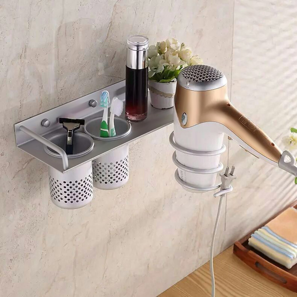 Multi-use Aluminum Flat Holder Stand Rack Storage Organizer Wall Mount Hair Dryer Drier Bathroom with 2 Cups