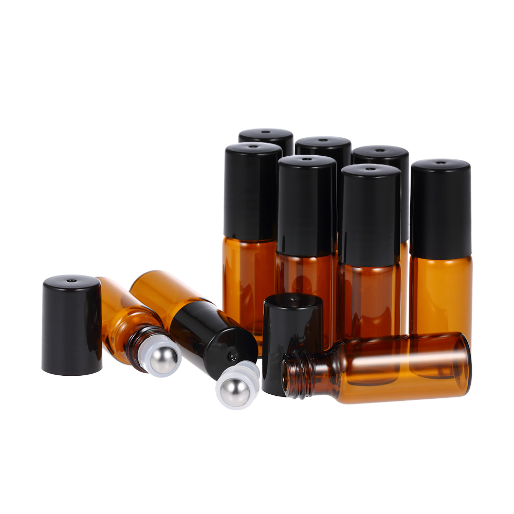 10 Pcs 5ml Essential Oils Roller Bottle Amber Glass Roll-on Bottles Stainless Steel Roller Ball Essential Oil Jar with 3ml Dropper