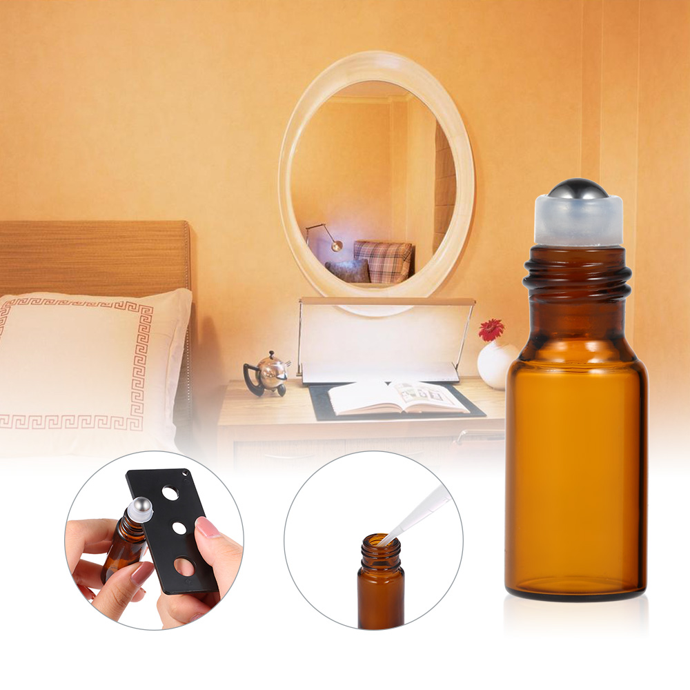 10 Pcs 5ml Essential Oils Roller Bottle Amber Glass Roll-on Bottles Stainless Steel Roller Ball Essential Oil Jar with 3ml Dropper