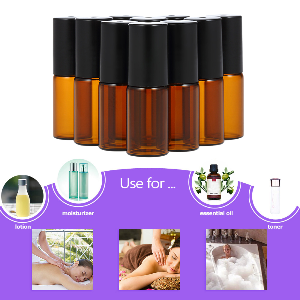 10 Pcs 5ml Essential Oils Roller Bottle Amber Glass Roll-on Bottles Stainless Steel Roller Ball Essential Oil Jar with 3ml Dropper