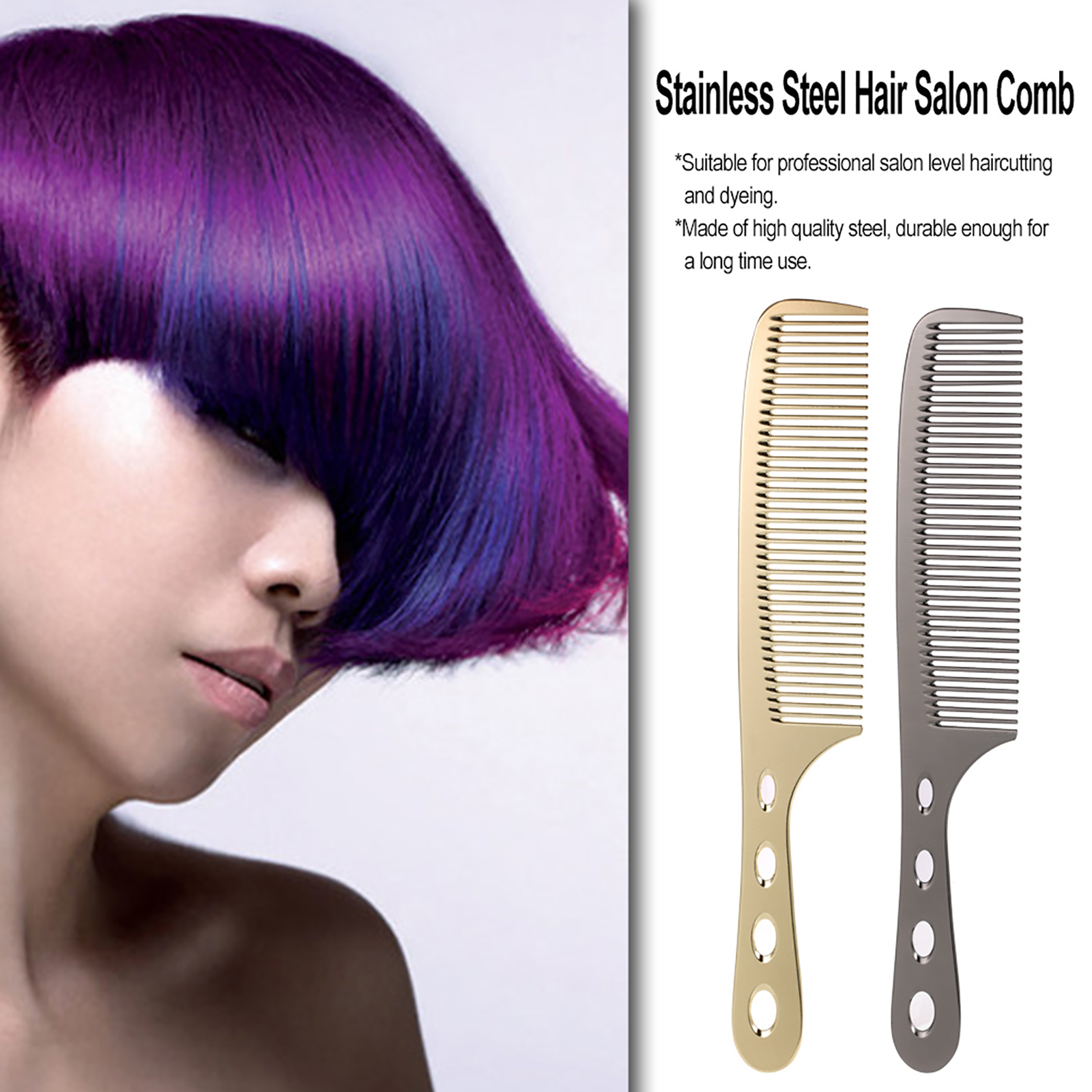 Professional Hair Salon Stainless Steel Hair Comb Hairdressing Steel Comb Hair Cutting Metal Comb Long Handle Black